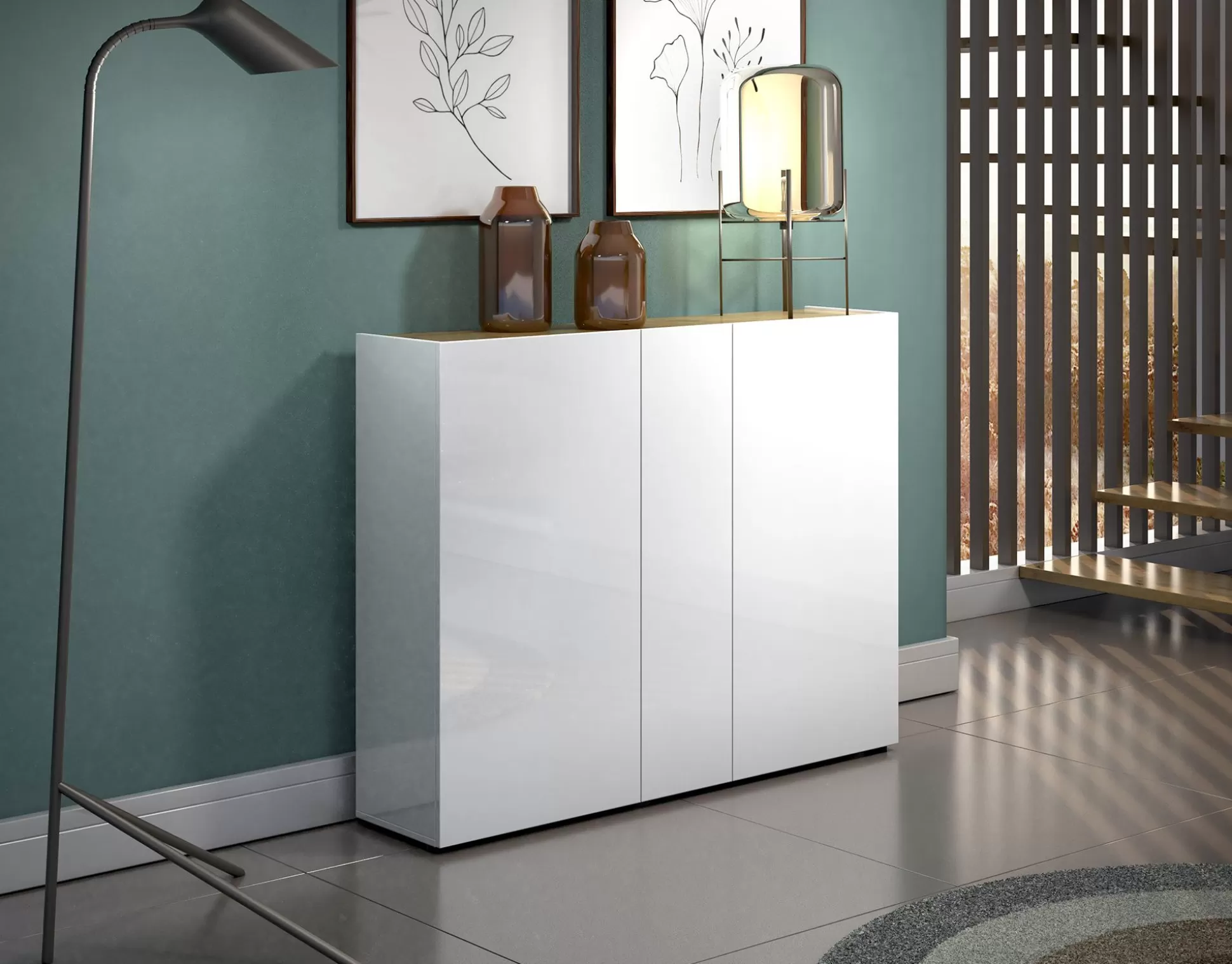Dmora Scarpiere<Scarpiera Anir, 145x35h115 cm, Bianco lucido e Rovere