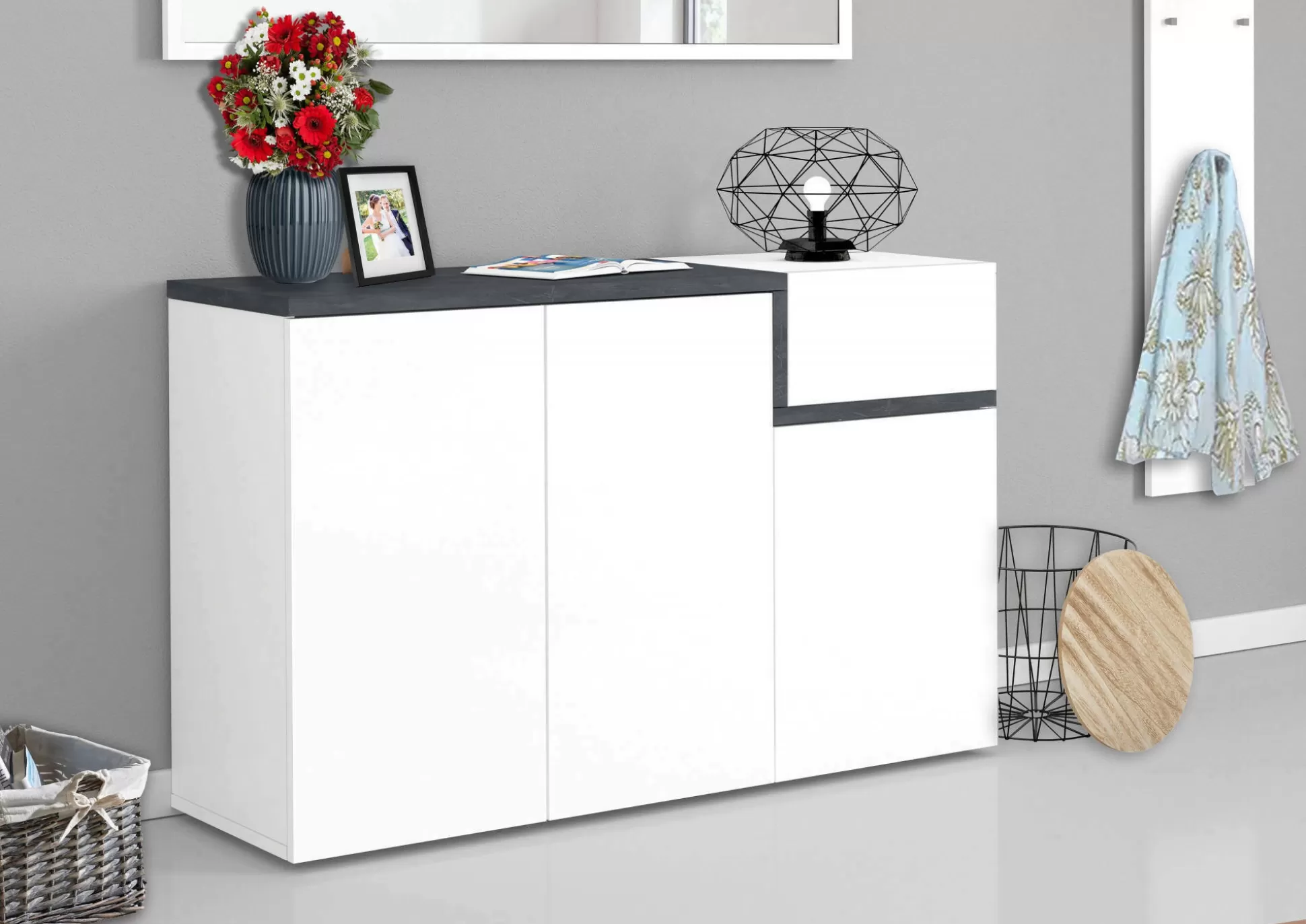 Dmora Scarpiere<Scarpiera Anist, cm 120x40h80, Bianco lucido e Ardesia
