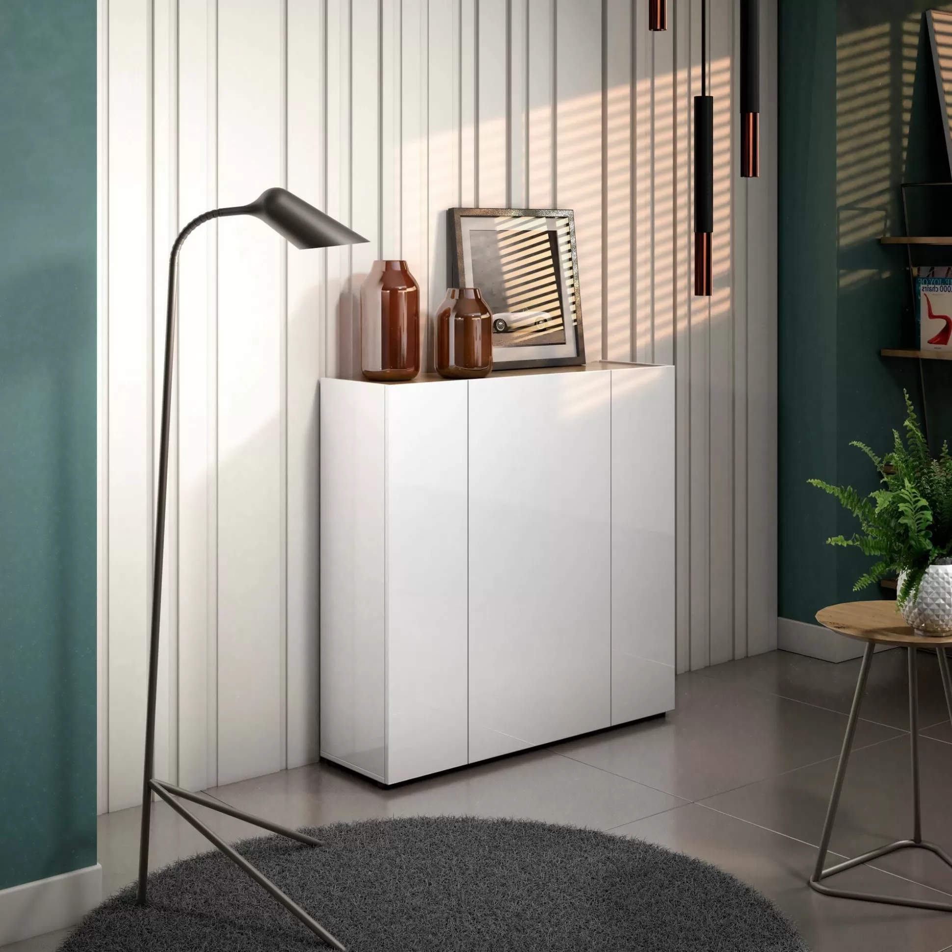 Dmora Scarpiere<Scarpiera Arrone, 116x35h115 cm, Bianco lucido e Rovere