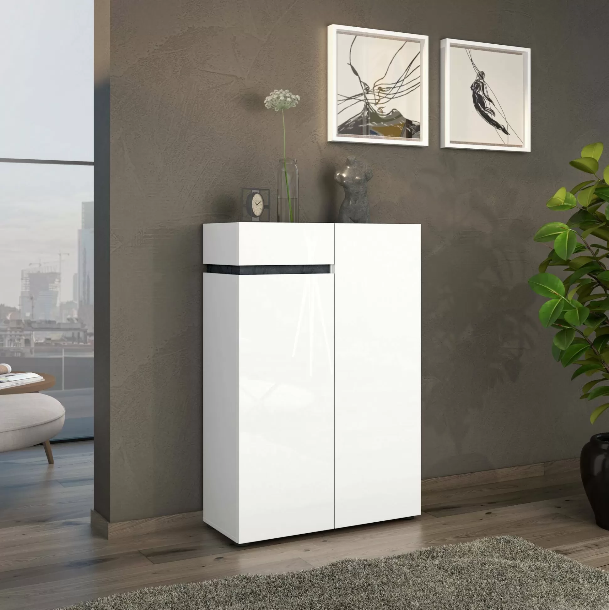 Dmora Scarpiere<Scarpiera Badolato, 80x34h115 cm, Bianco lucido e Antracite