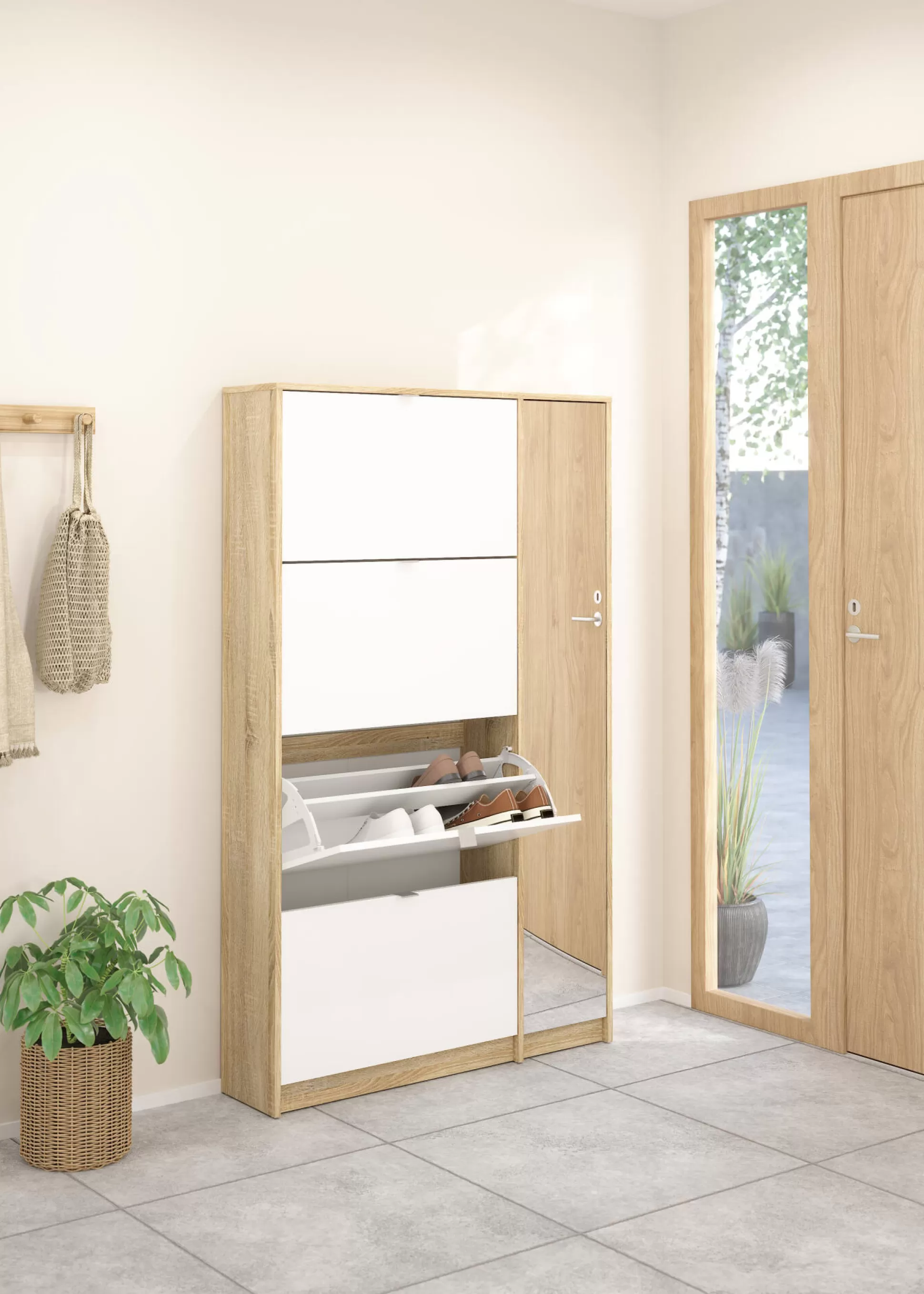 Dmora Scarpiere<Scarpiera Brie, Mobile portascarpe, Armadio da ingresso multiuso, Mobiletto per calzature, 99x24 h162 cm, Quercia e Bianco