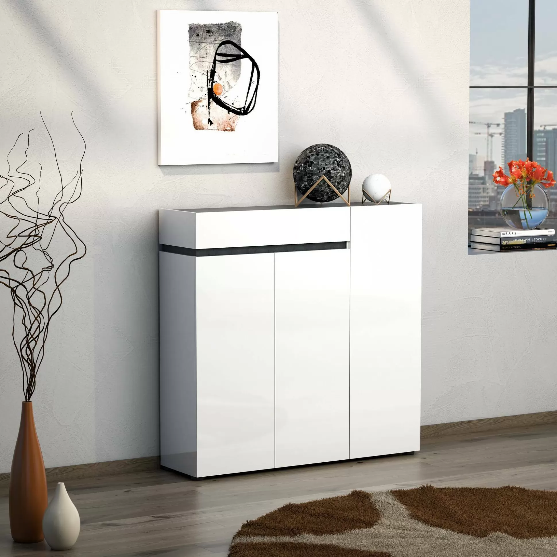 Dmora Scarpiere<Scarpiera Dbontacchi, 120x34h115 cm, Bianco lucido e Antracite