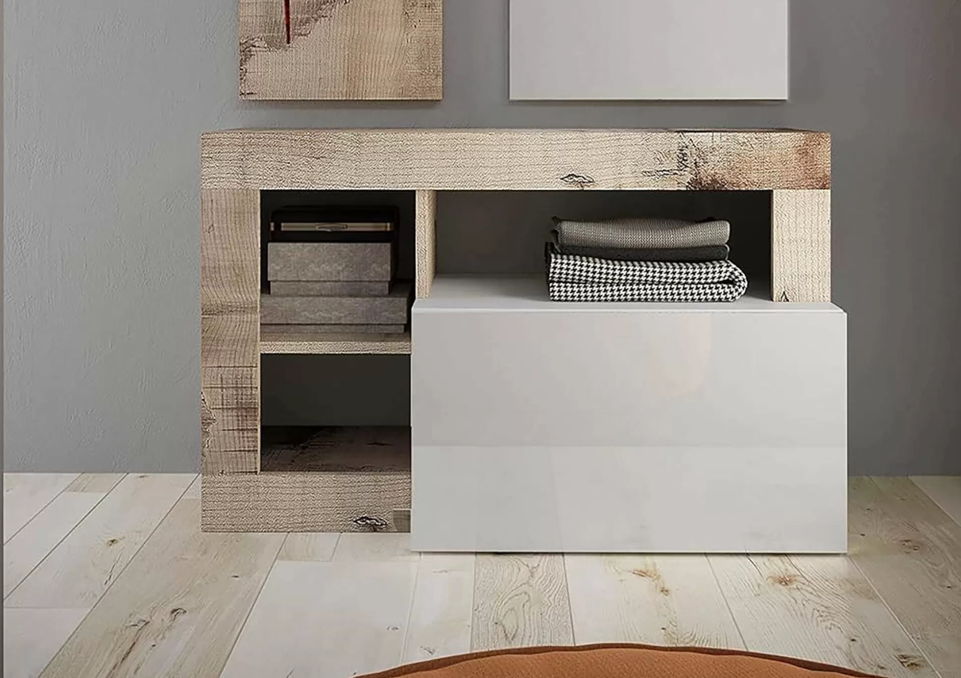 Dmora Scarpiere<Scarpiera Ddewinte, 91x35 h58 cm, Bianco lucido e Acacia