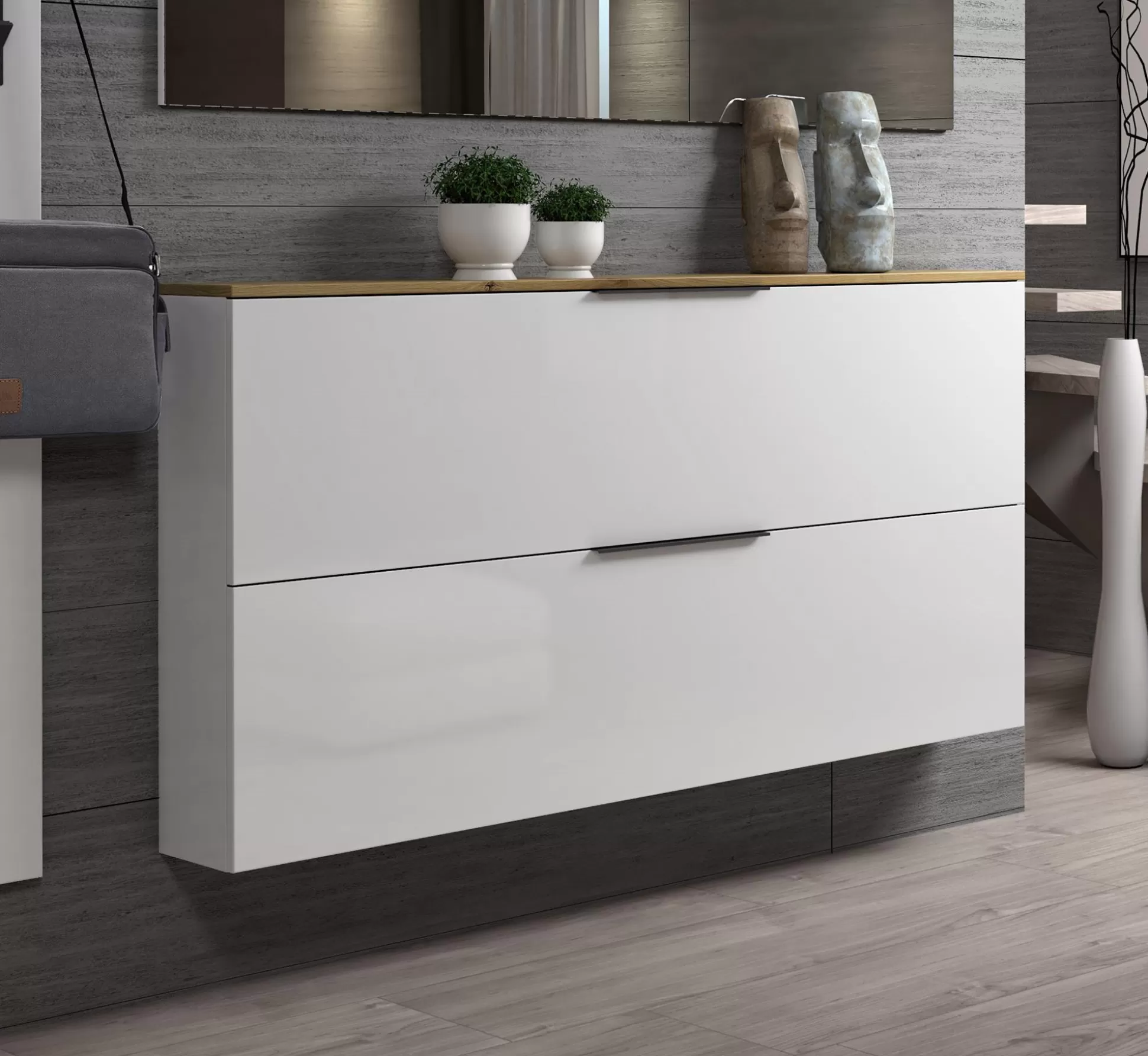 Dmora Scarpiere<Scarpiera Dfurlanett, 160x19h80 cm, Bianco lucido e Rovere