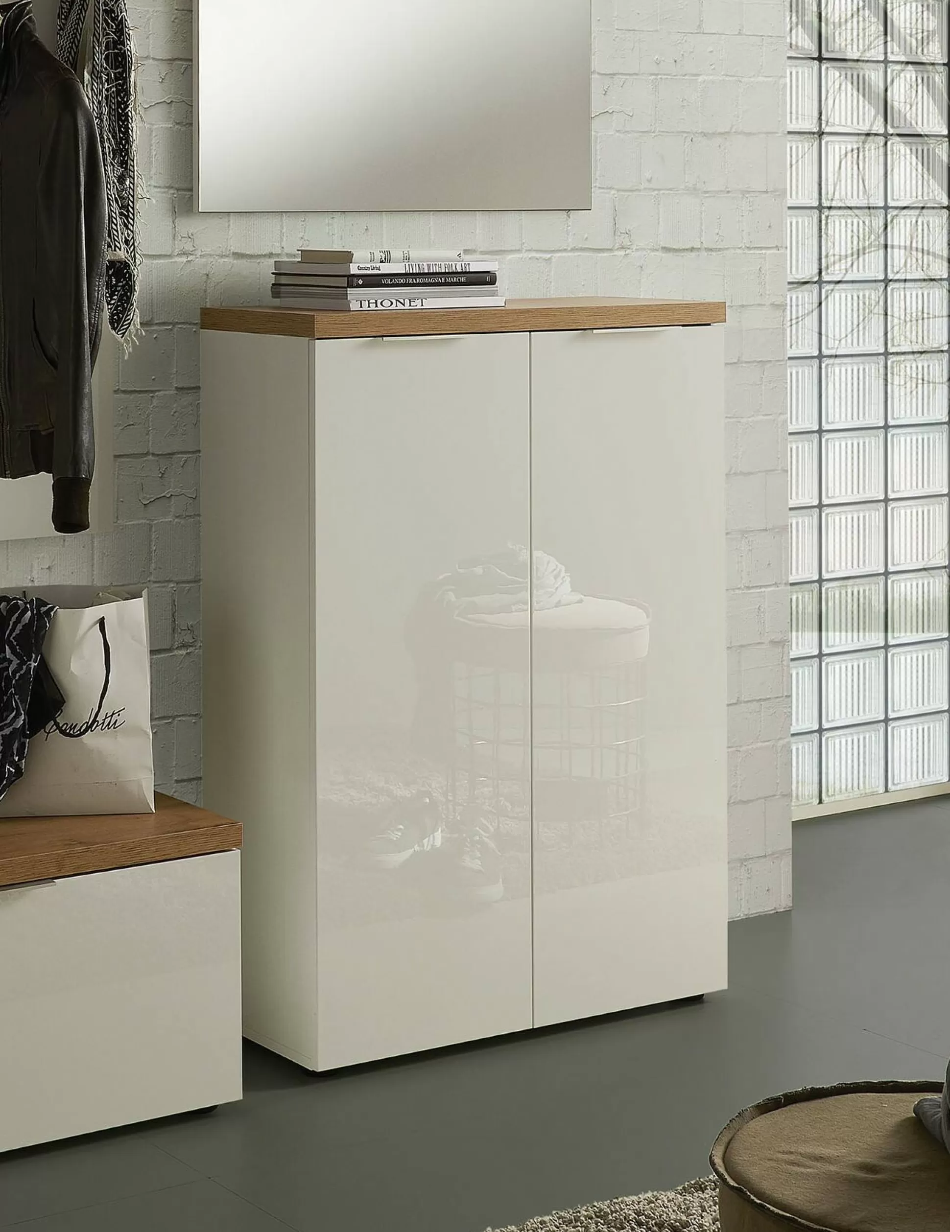 Dmora Scarpiere<Scarpiera Dublino, 80x34h115 cm, Bianco lucido e Rovere