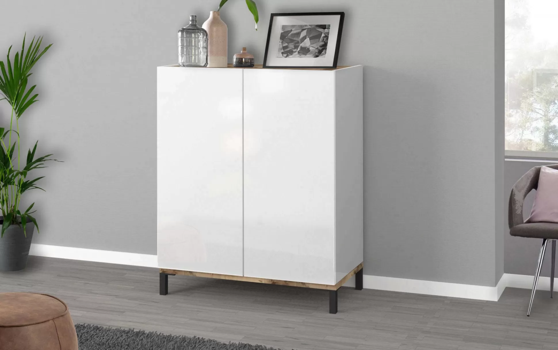 Dmora Scarpiere<Scarpiera Ferdinanda, cm 90x40h102, Bianco lucido e Acero