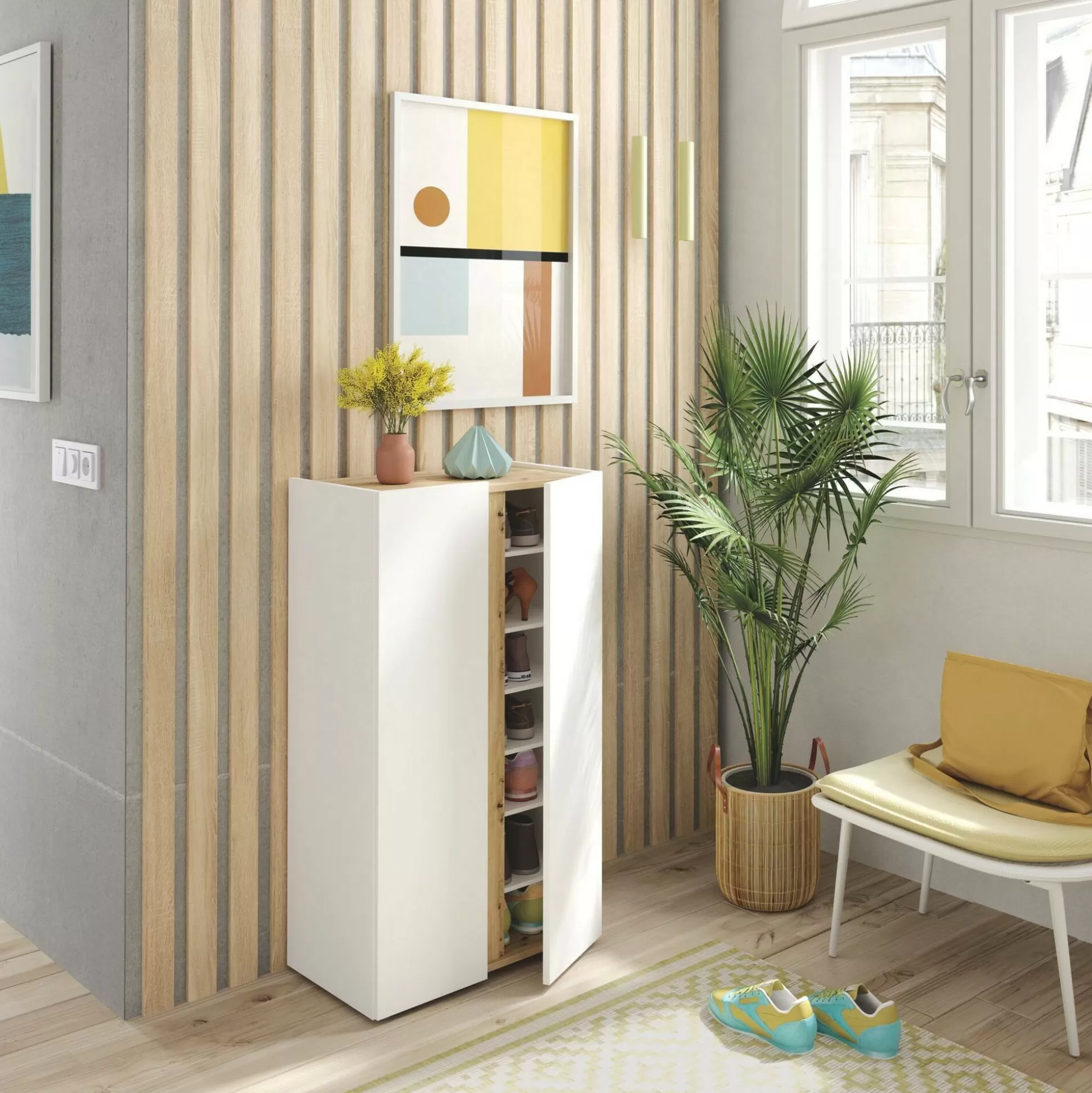 Dmora Scarpiere<Scarpiera Gotto, 57x35 h102 cm, Bianco e Rovere Nodi