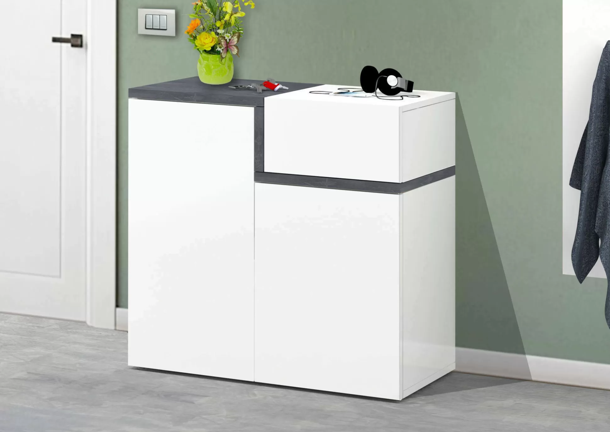Dmora Scarpiere<Scarpiera Morfeo, cm 80x40h80, Bianco lucido e Ardesia