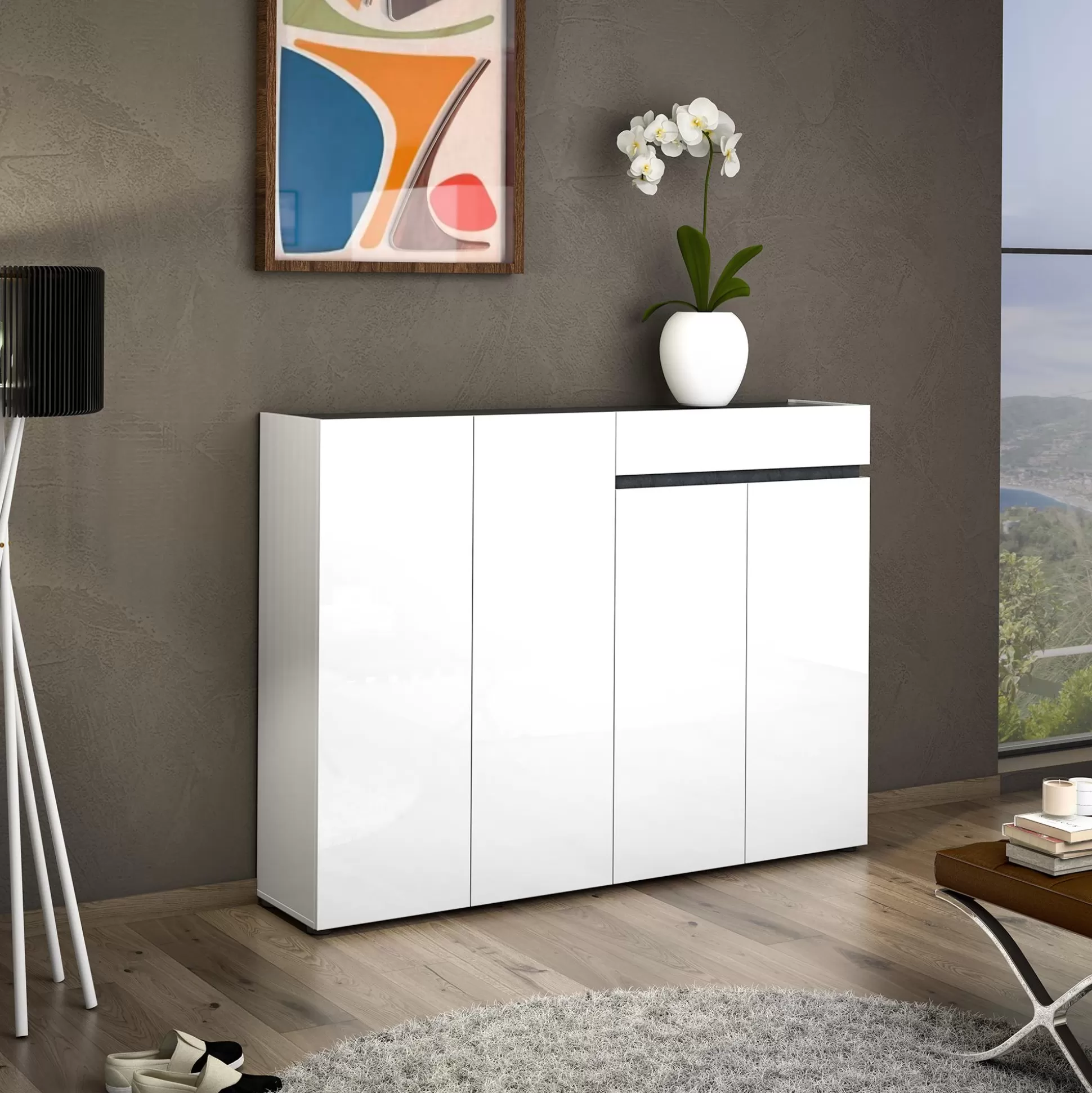 Dmora Scarpiere<Scarpiera Speranza, 160x34h115 cm, Bianco lucido e Antracite