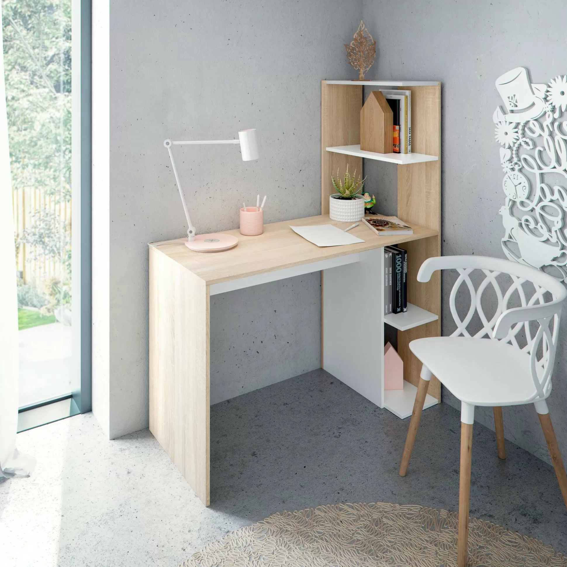 Dmora Scrivanie<Scrivania Abba, 110x52h136 cm, Bianco e Rovere