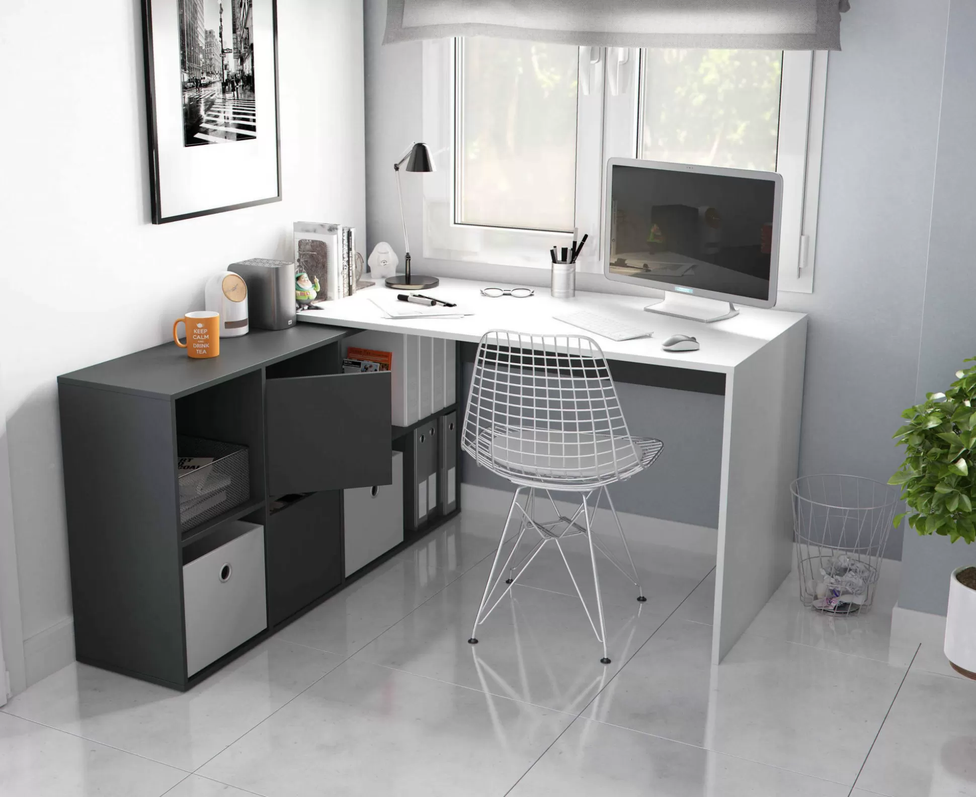 Dmora Scrivanie<Scrivania Abby, 136x139h74 cm, Bianco e Antracite