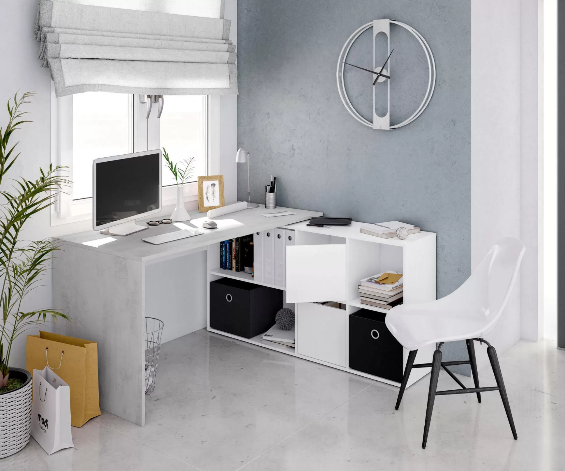 Dmora Scrivanie<Scrivania Abby, 136x139h74 cm, Bianco e Cemento