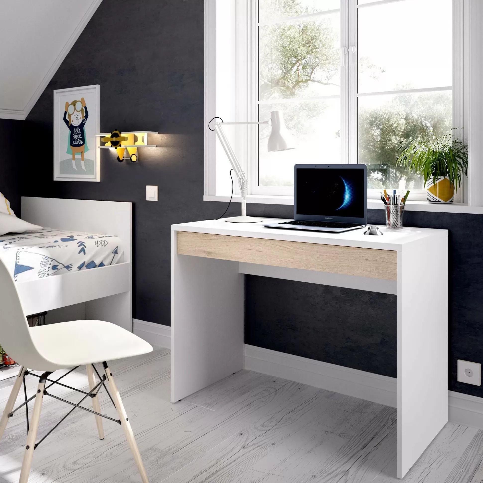 Dmora Scrivanie<Scrivania Affiniti, 90x50h74 cm, Bianco e Rovere