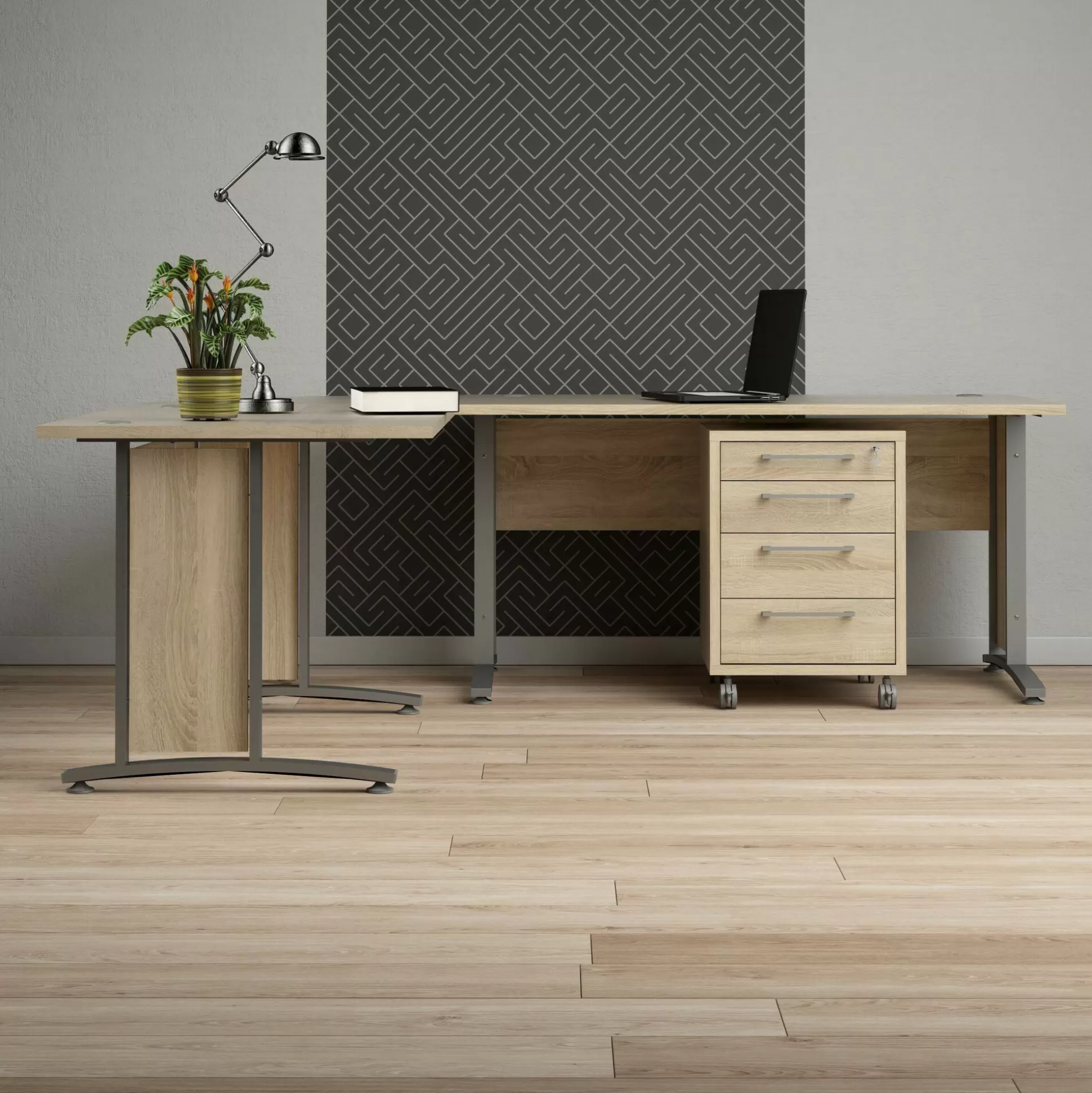 Dmora Scrivanie<Scrivania Agerato, 200x230 h75 cm, Grigio e Quercia