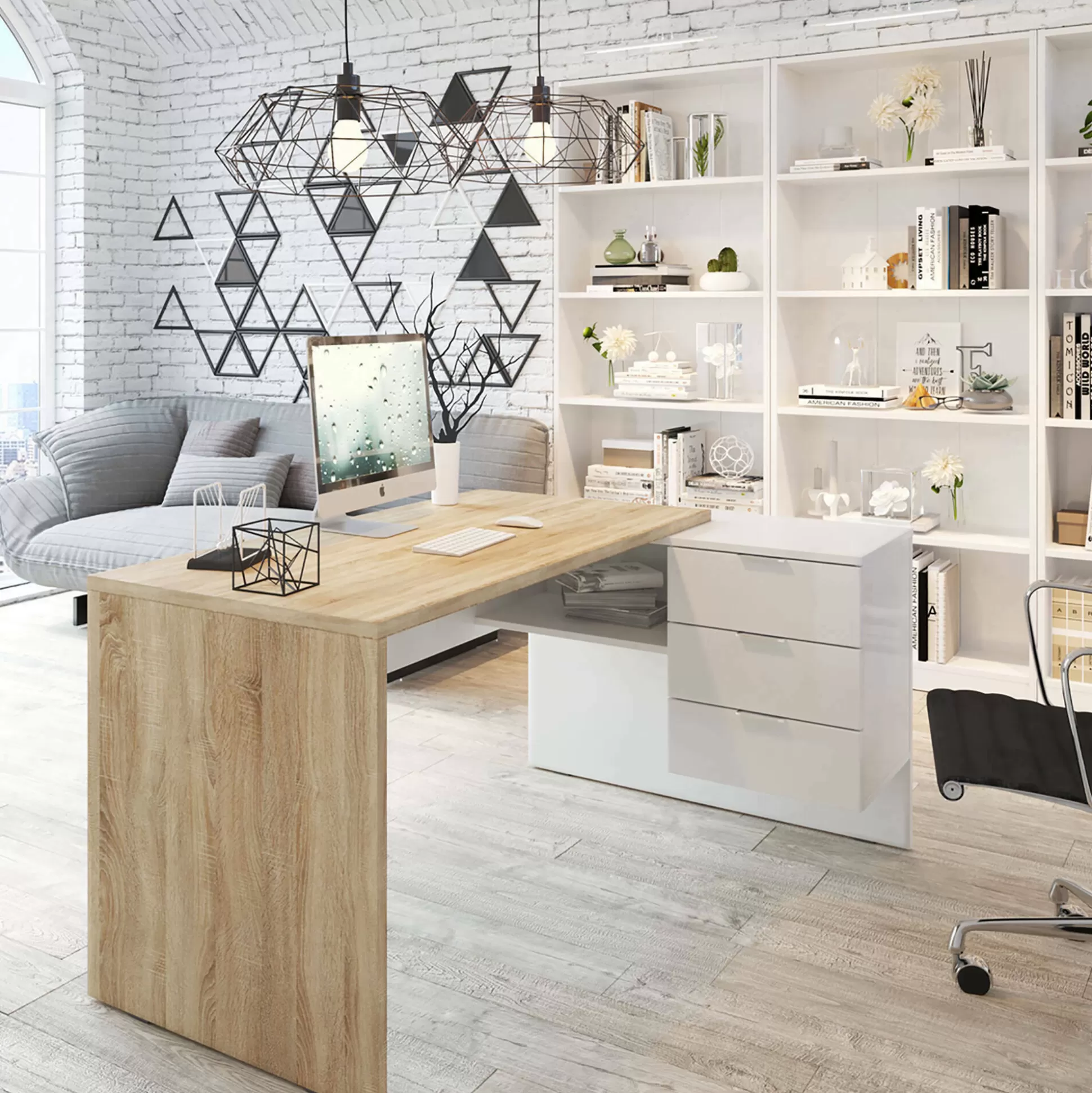 Dmora Scrivanie<Scrivania Agnello, 145x108h73 cm, Rovere e Bianco