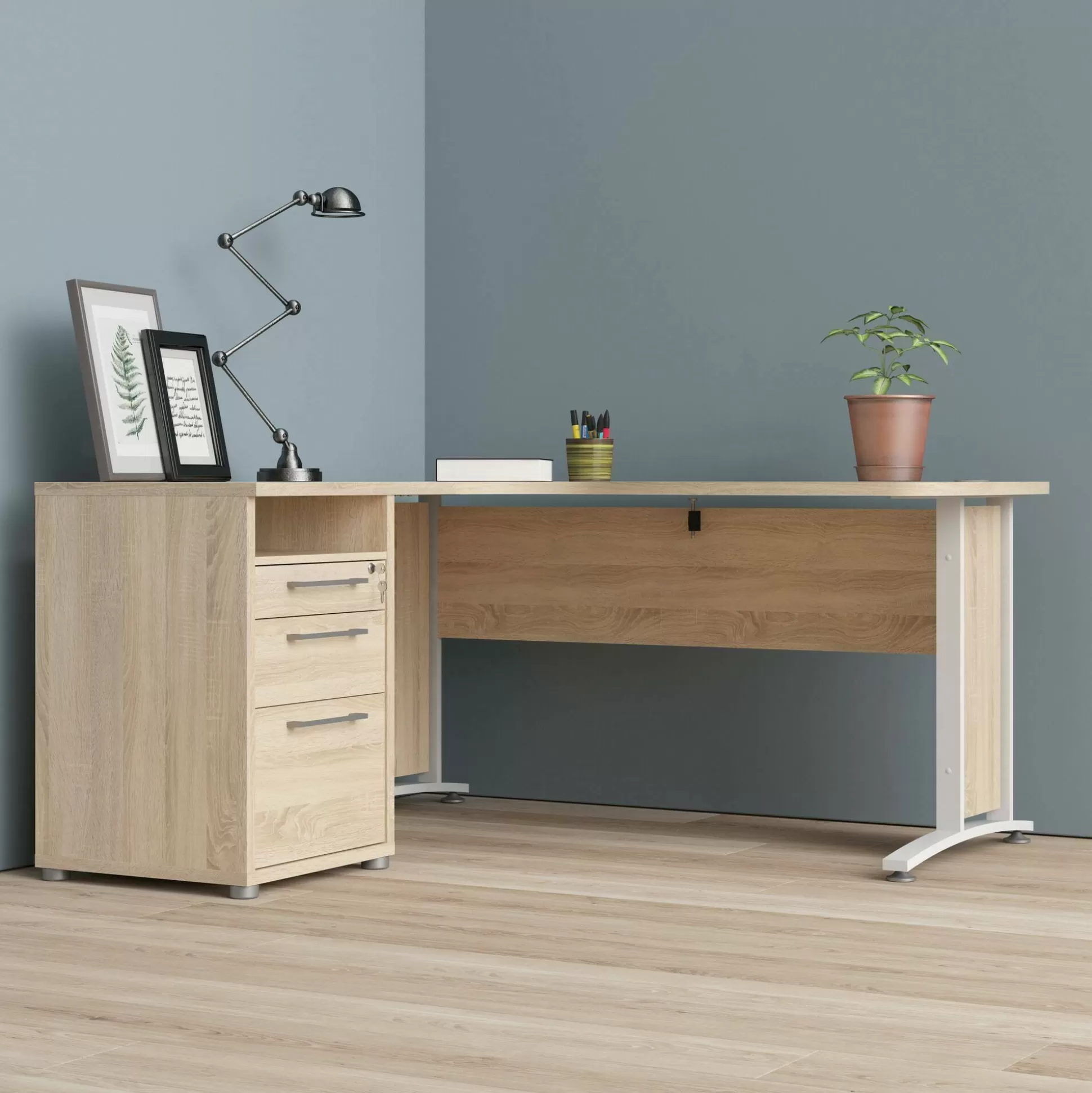 Dmora Scrivanie<Scrivania Alfango, 159x151 h75 cm, Quercia e Bianco