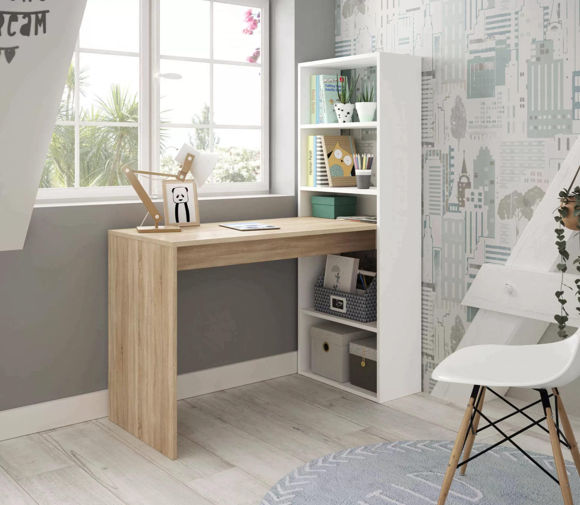 Dmora Scrivanie<Scrivania Ali, 120x53h144 cm, Bianco e Rovere