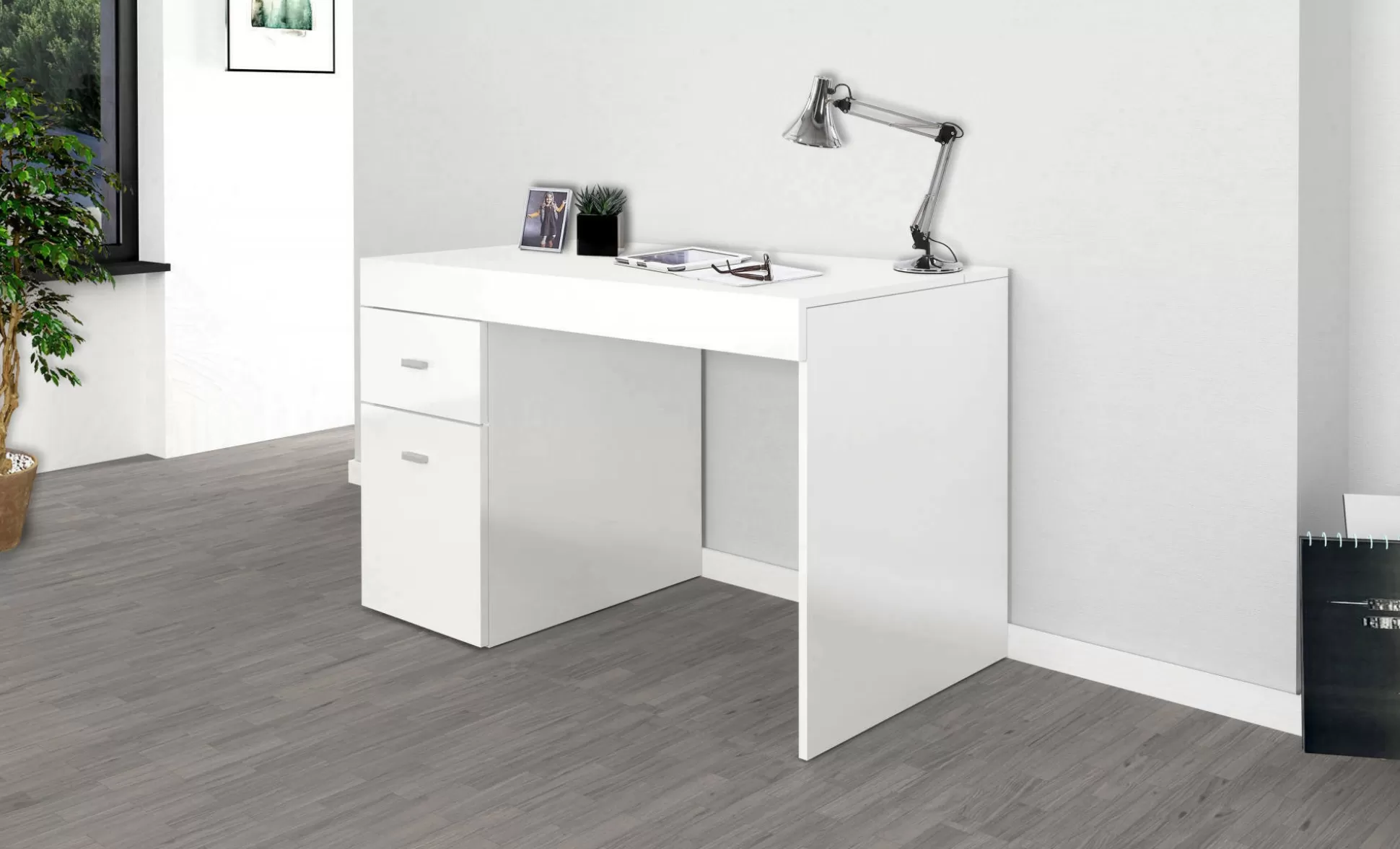 Dmora Scrivanie<Scrivania Alpaca, Bianco lucido Larice,
