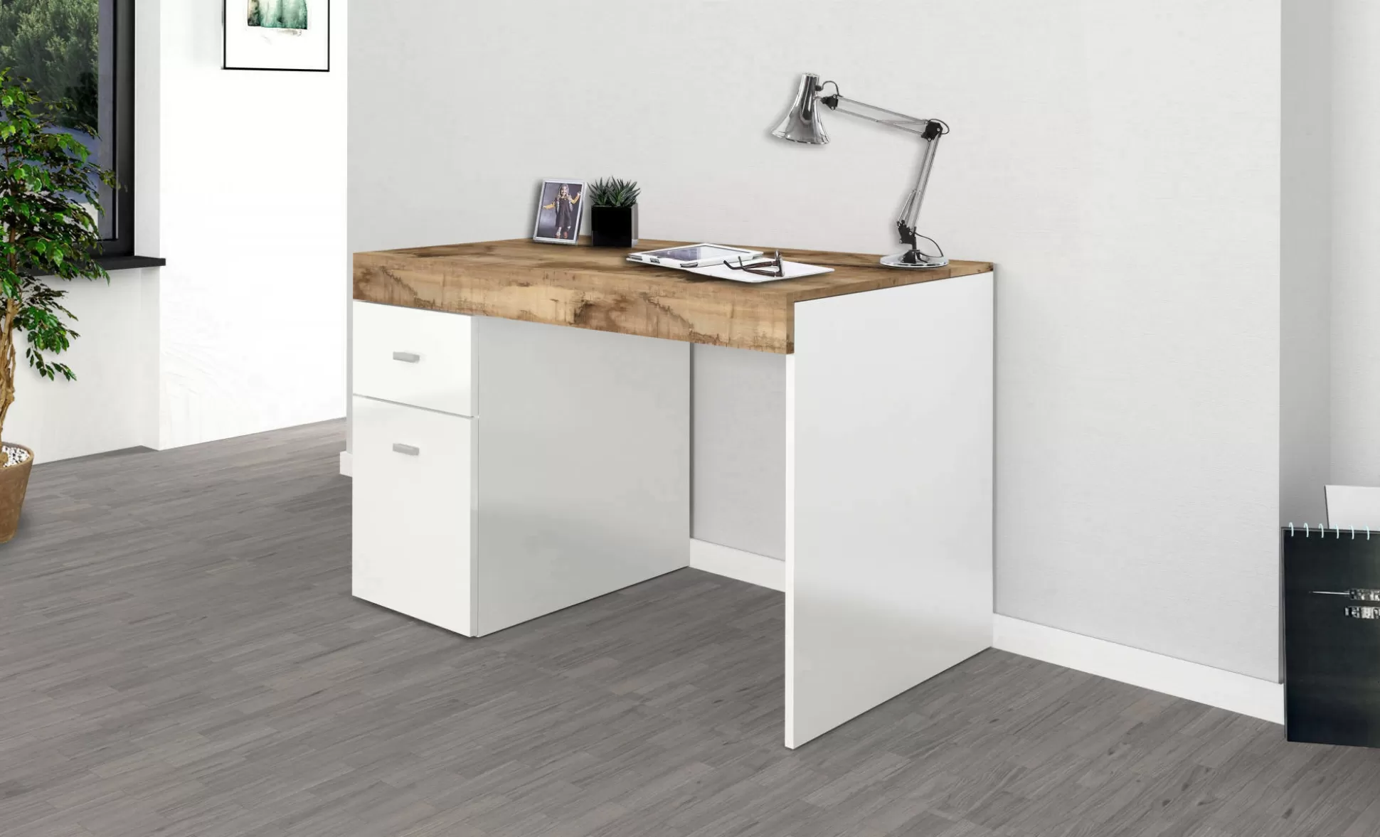 Dmora Scrivanie<Scrivania Alpaca, cm 100x60h75, Bianco lucido e Acero
