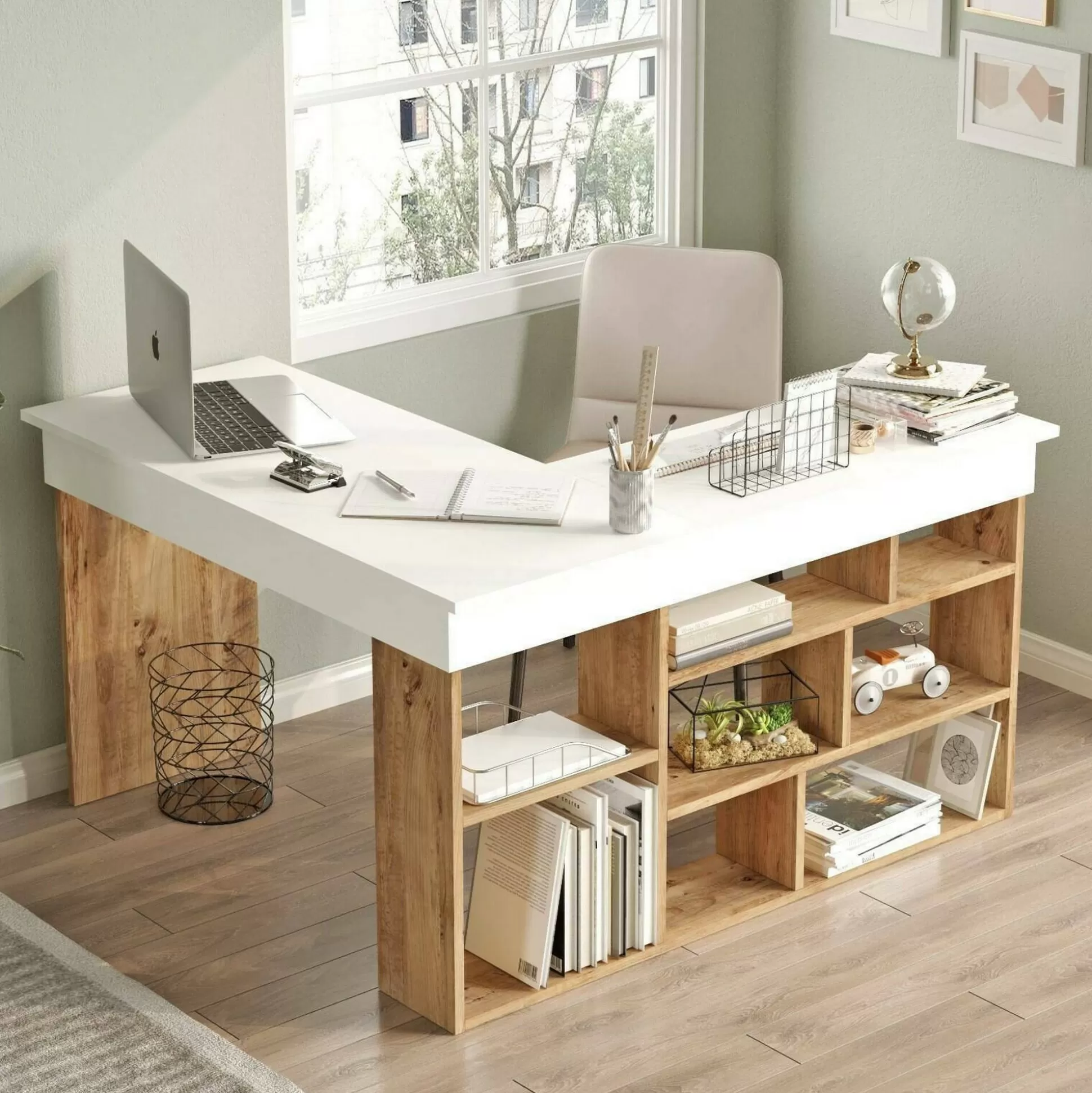 Dmora Scrivanie<Scrivania Altin, 129x120h72 cm, Quercia e Bianco