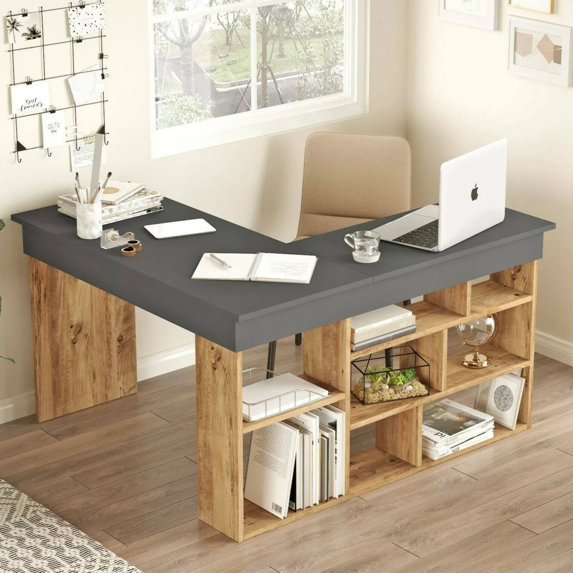 Dmora Scrivanie<Scrivania Altin, 129x120h72 cm, Quercia e Nero