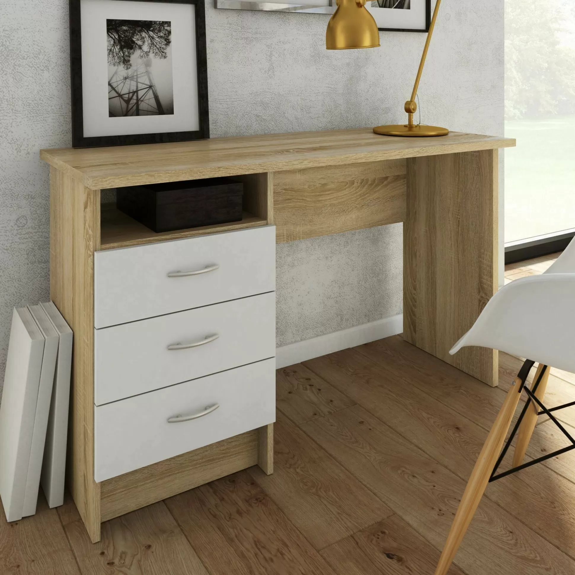 Dmora Scrivanie<Scrivania Andre, 120x48 h72 cm, Quercia e Bianco