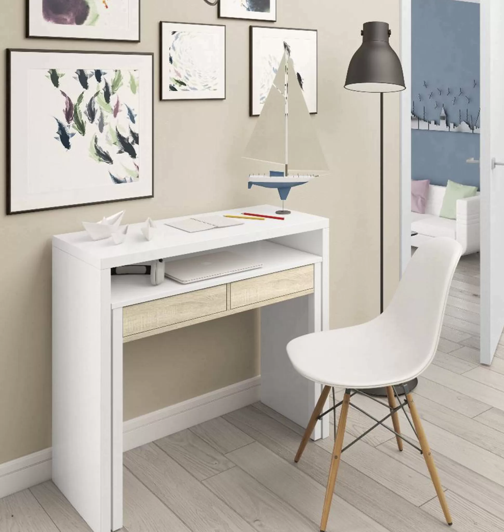 Dmora Scrivanie<Scrivania Andriy, 99x36h88 cm, Bianco e Rovere