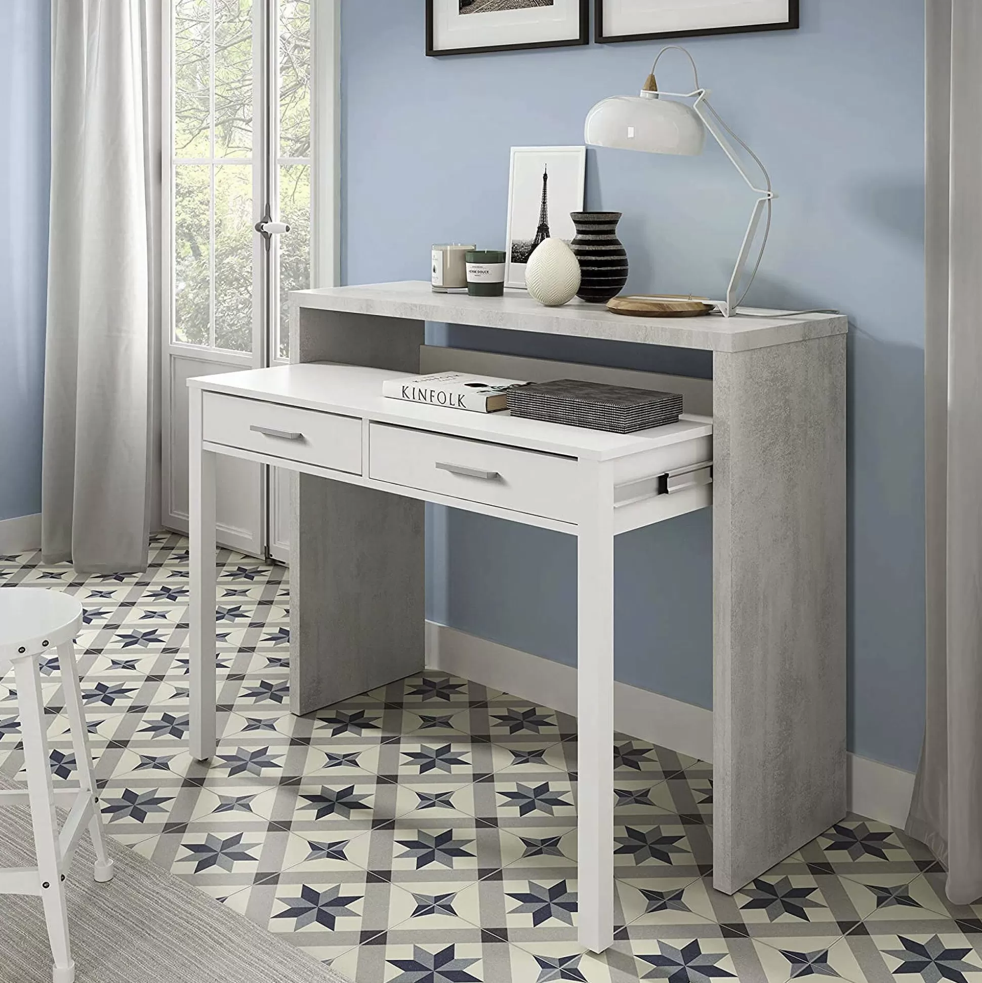 Dmora Scrivanie<Scrivania Andriy, 99x36h88 cm, Cemento e Bianco
