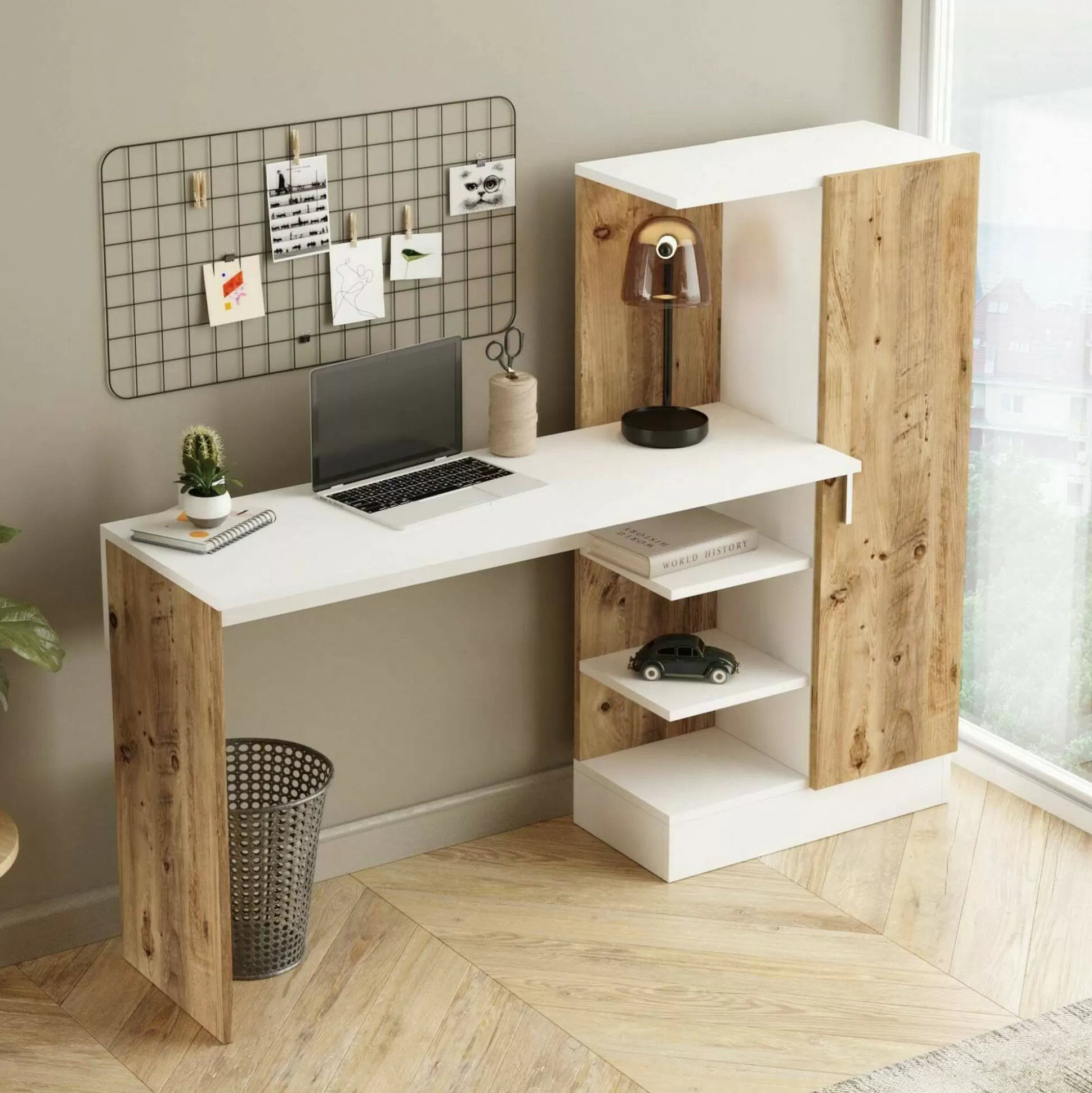Dmora Scrivanie<Scrivania Angaga, 152x40h120 cm, Quercia e Bianco