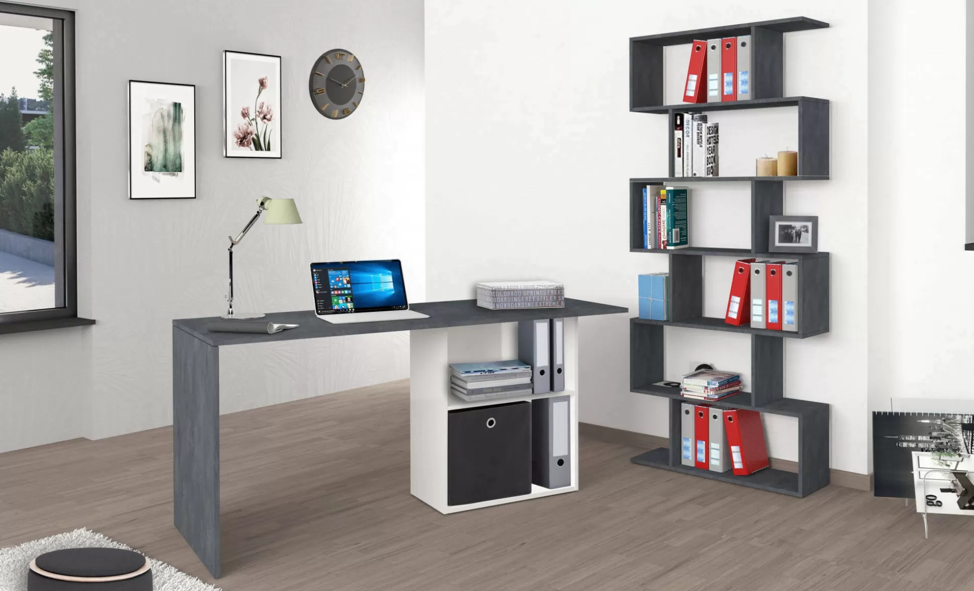 Dmora Scrivanie<Scrivania Antioco, cm 110x50h75, Bianco lucido e Ardesia