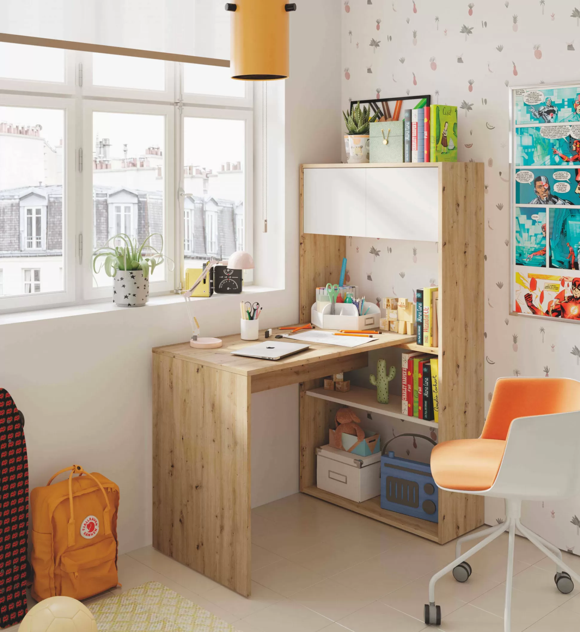 Dmora Scrivanie<Scrivania Apogee, 108x70h140 cm, Bianco e Rovere nodi