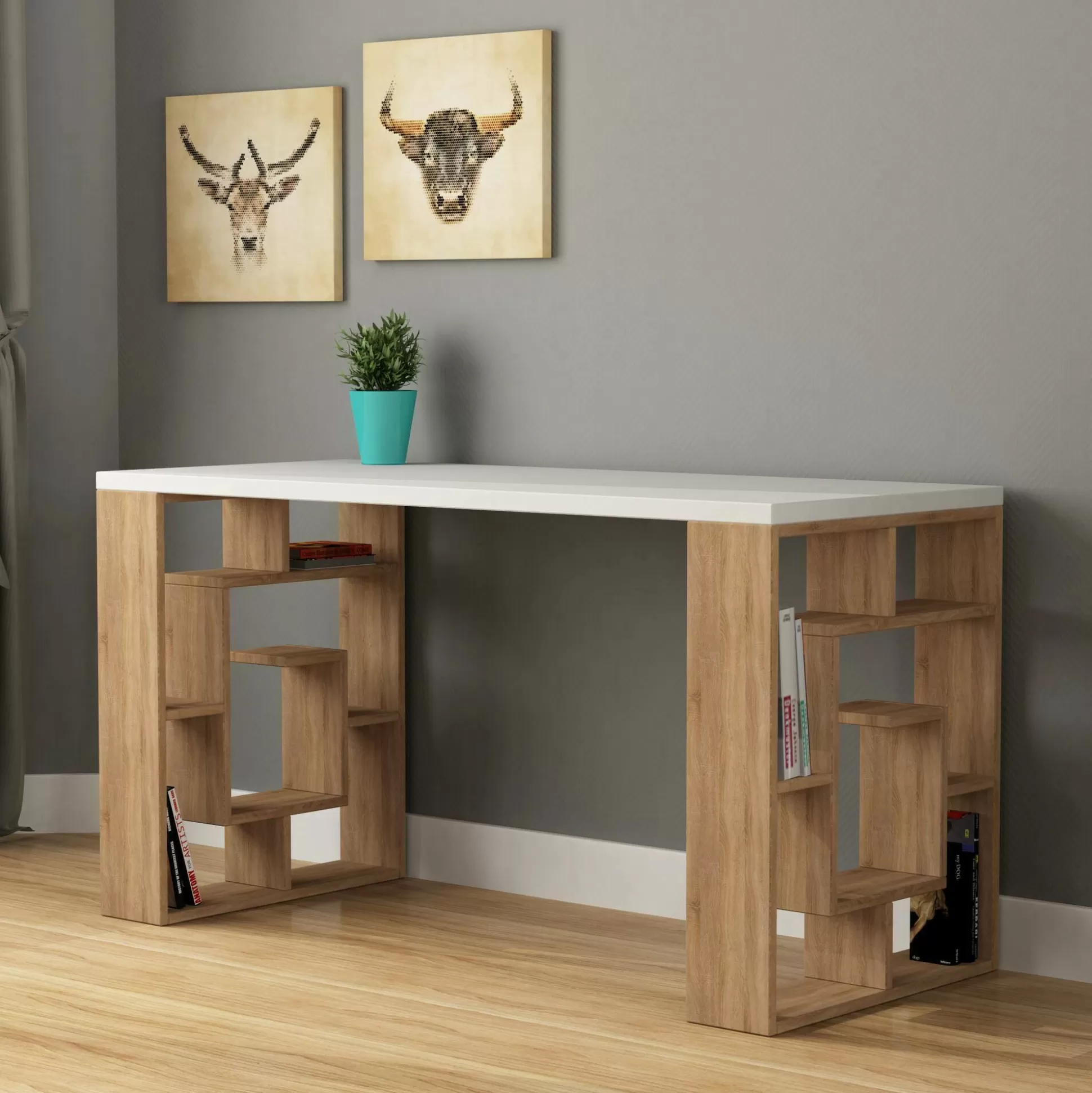 Dmora Scrivanie<Scrivania Archidamia, 140x60 h75 cm, Bianco e Quercia