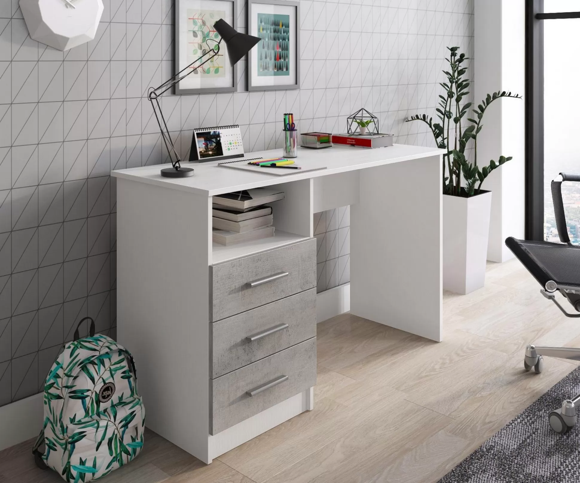 Dmora Scrivanie<Scrivania Ardauli, 120x48h75 cm, Bianco e Cemento