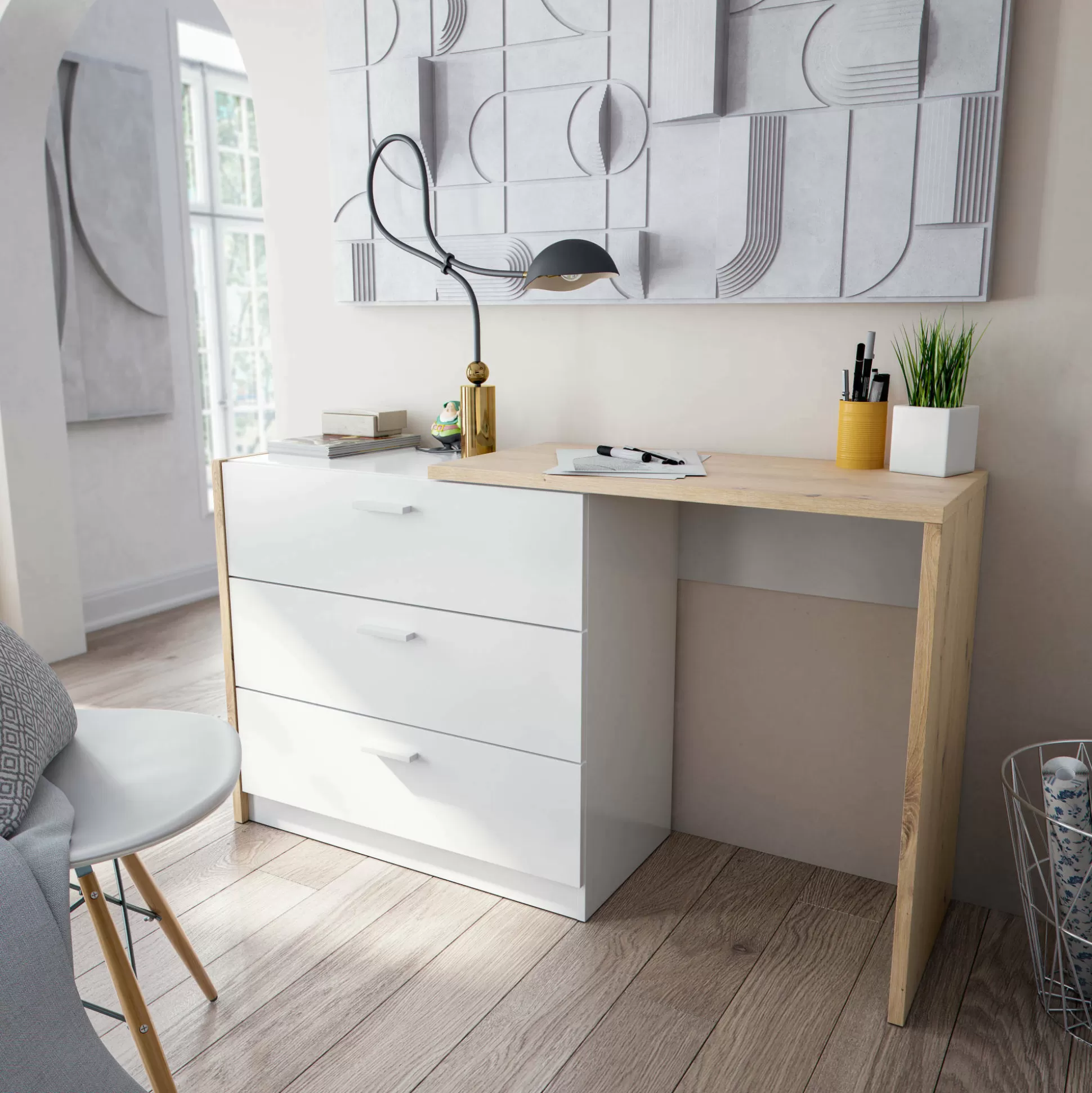 Dmora Scrivanie<Scrivania Armando, 75x40h130 cm, Bianco e Rovere nodi