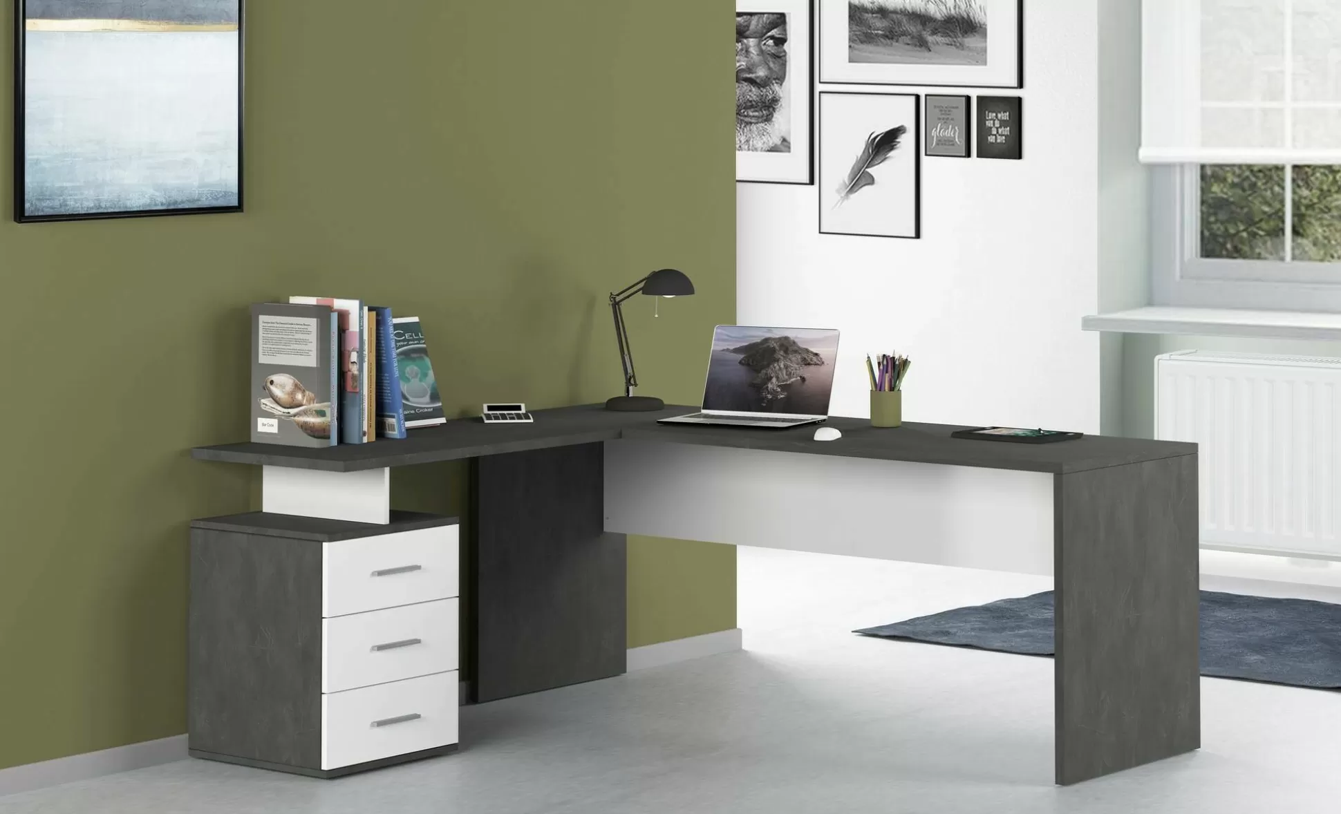 Dmora Scrivanie<Scrivania Ascuby, cm 160x60h75, Ardesia e Bianco lucido
