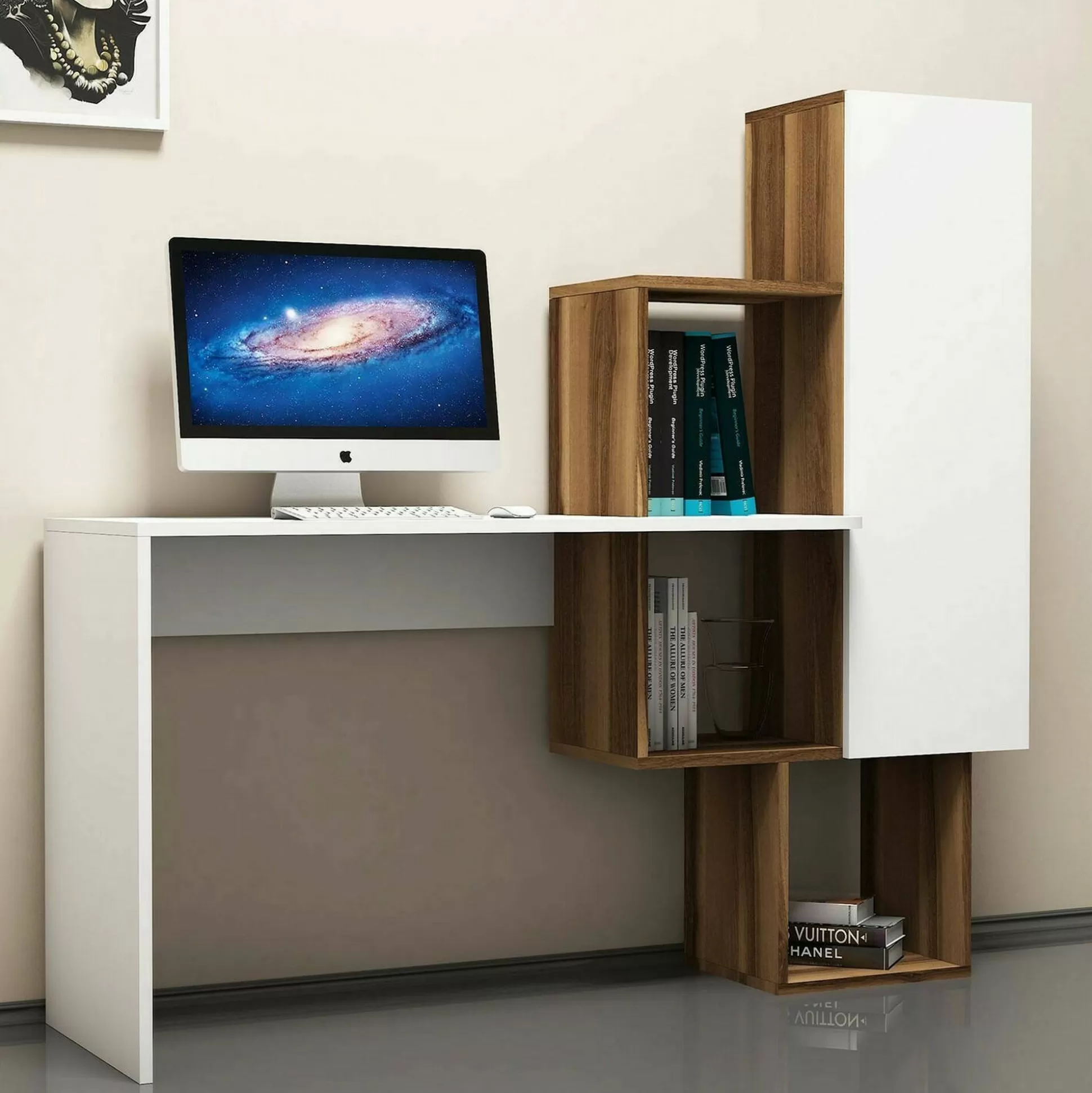 Dmora Scrivanie<Scrivania Baselice, 145x45h75 cm, Noce e Bianco