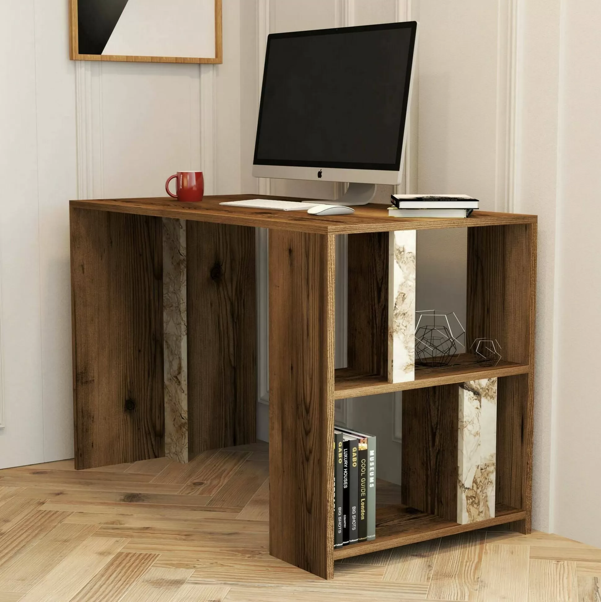 Dmora Scrivanie<Scrivania Bising, 120x60h75 cm, Noce e Bianco Marmo
