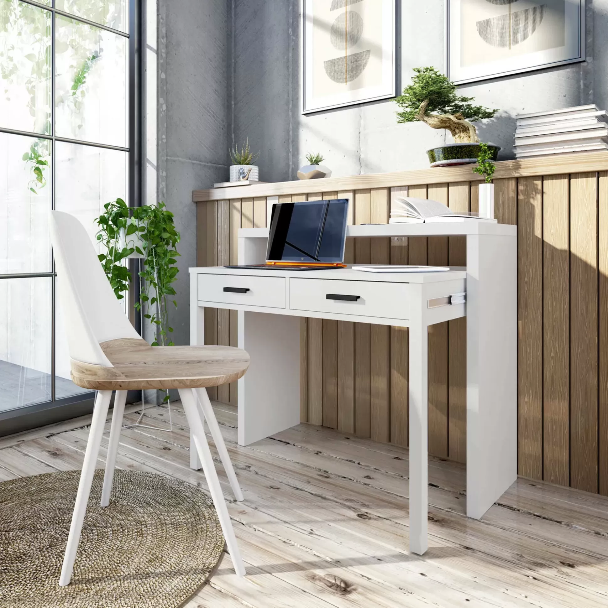 Dmora Scrivanie<Scrivania Damodi, 99x36h88 cm, Bianco lucido e Antracite