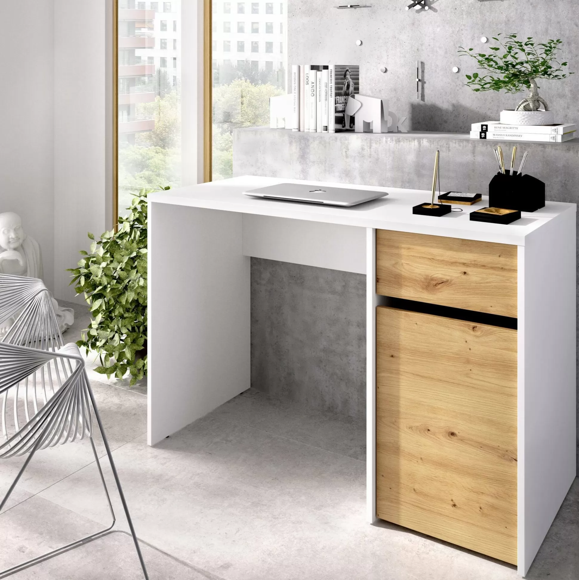 Dmora Scrivanie<Scrivania Dcaput, 110x50h74 cm, Bianco e Rovere Nodi