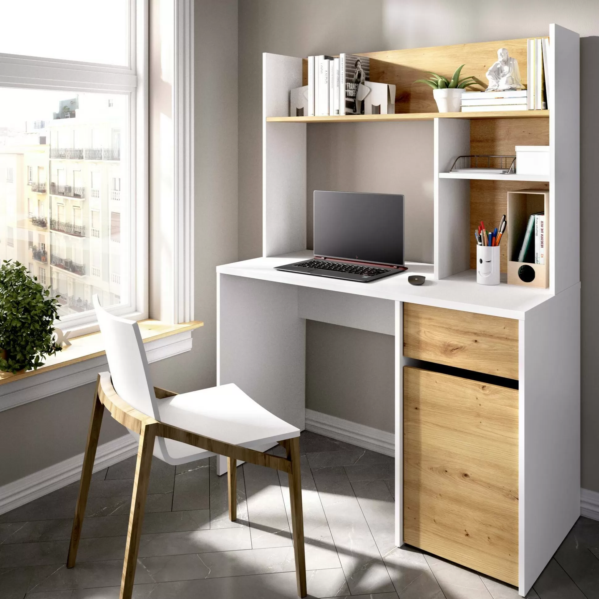 Dmora Scrivanie<Scrivania Dcutrona, 110x50h152 cm, Bianco e Rovere Nodi