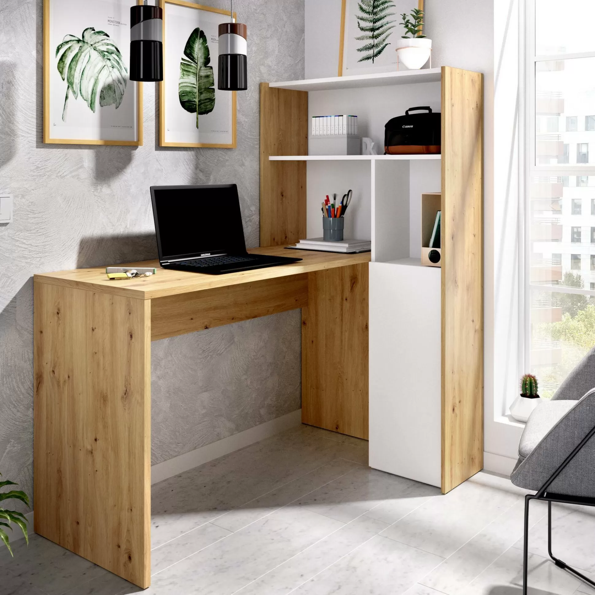 Dmora Scrivanie<Scrivania Ddamian, 111x82h139 cm, Bianco e Rovere Nodi