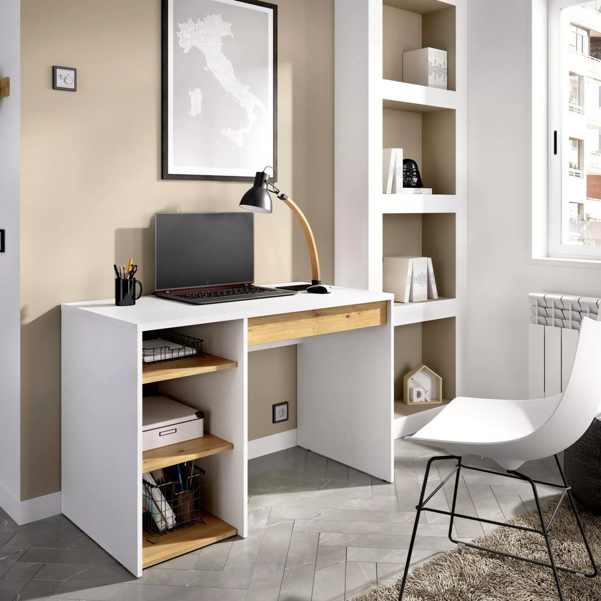 Dmora Scrivanie<Scrivania Ddiakit, 110x50h74 cm, Bianco e Rovere Nodi