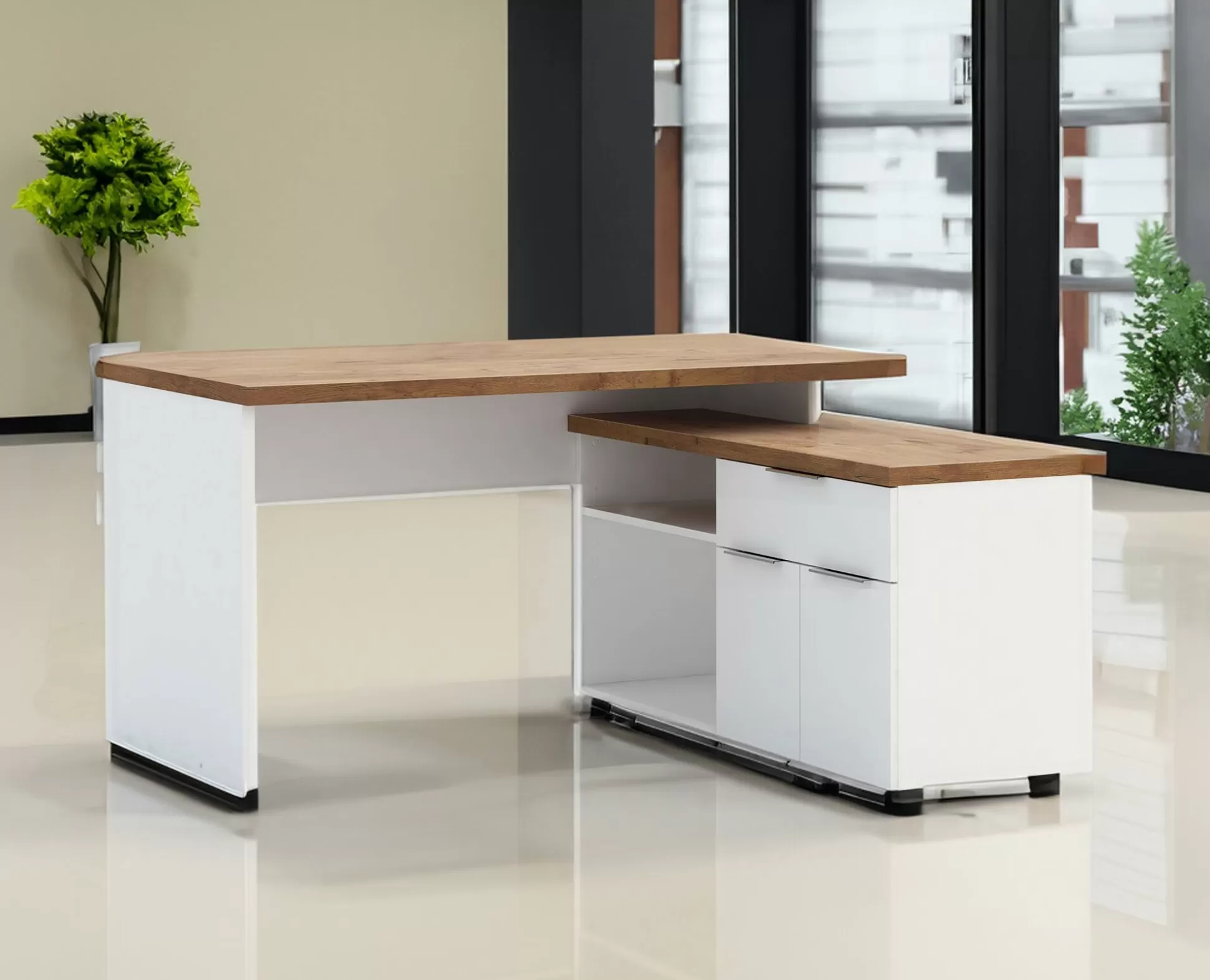 Dmora Scrivanie<Scrivania Ddicrisci, 140x120h75 cm, Bianco lucido e Rovere