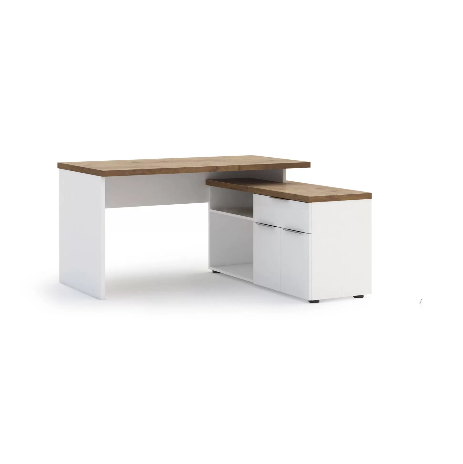 Dmora Scrivanie<Scrivania Ddicrisci, 140x120h75 cm, Bianco lucido e Rovere