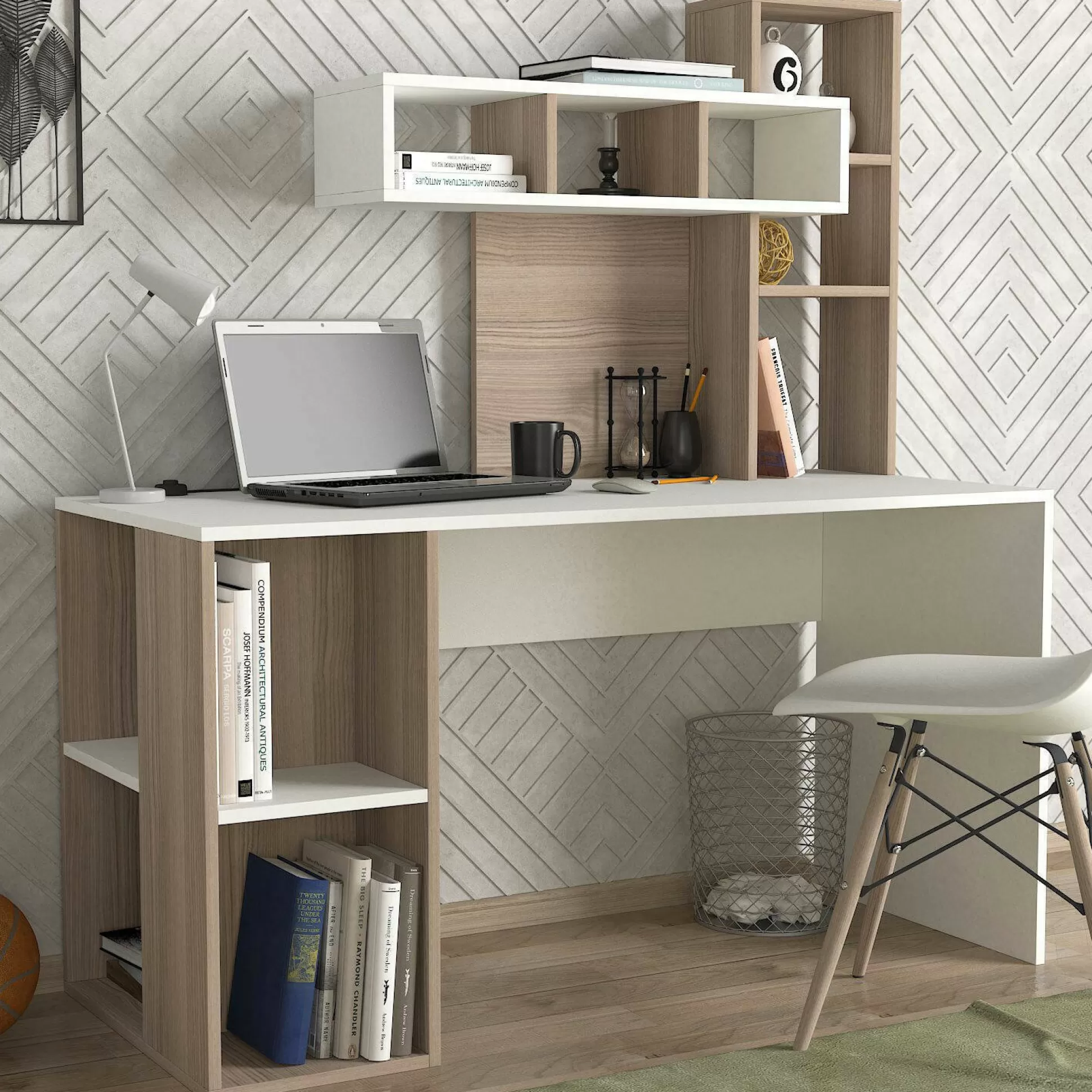 Dmora Scrivanie<Scrivania Dghiringhell, 140x60 h154 cm, Bianco e Rovere