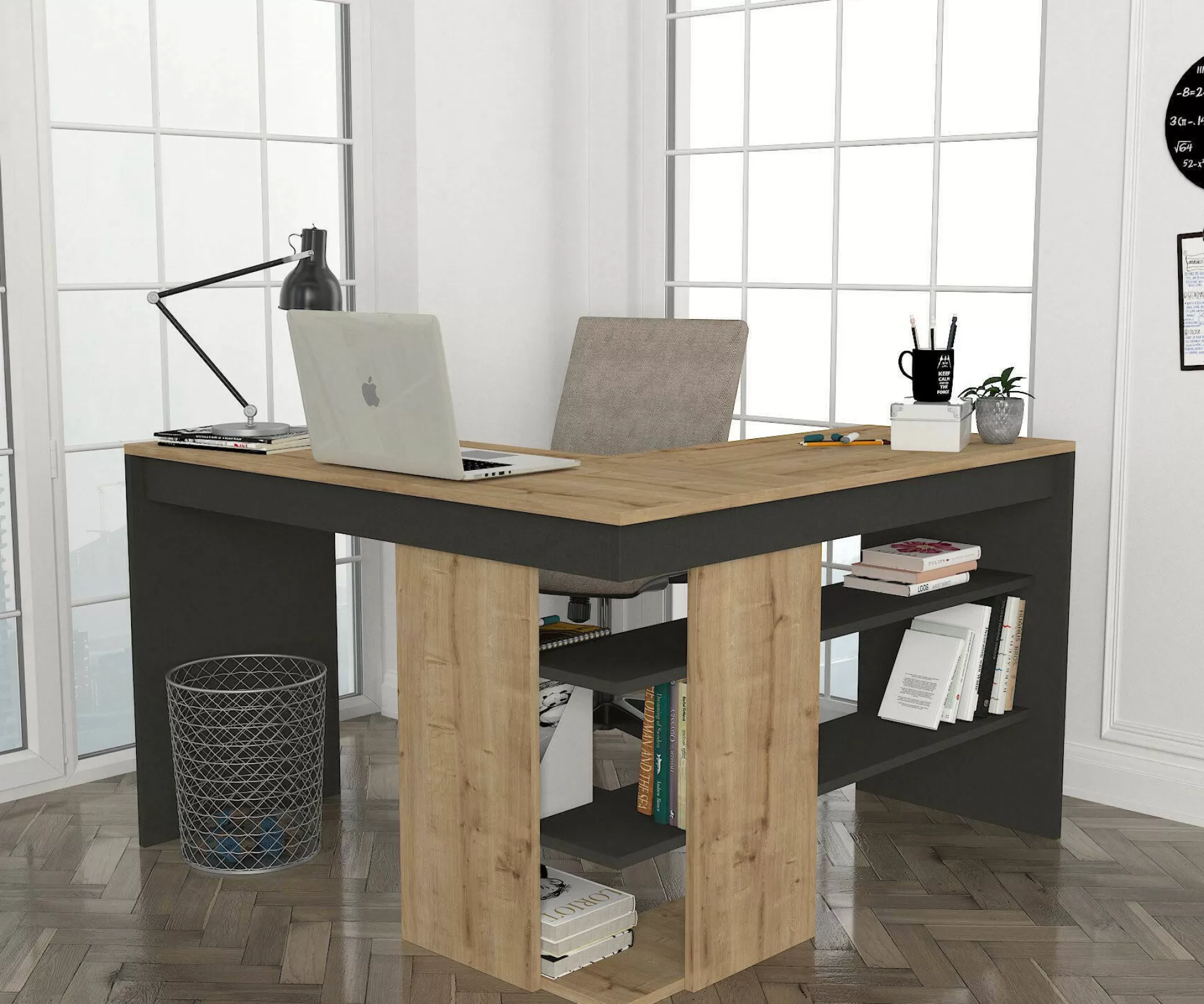 Dmora Scrivanie<Scrivania Dkon, 120x120h74 cm, Quercia e Antracite