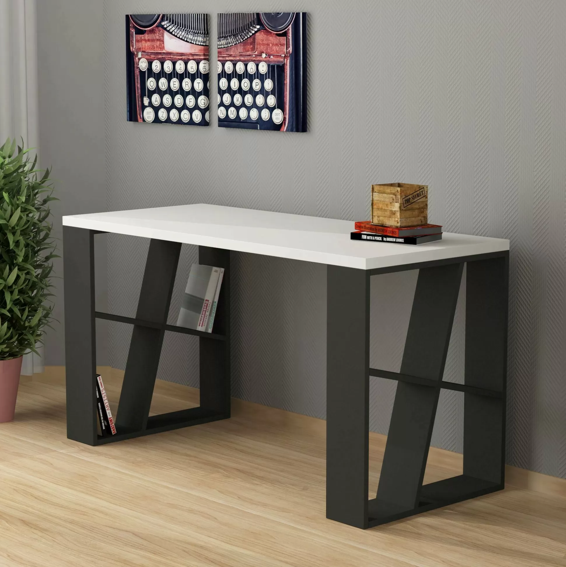 Dmora Scrivanie<Scrivania Eloi, 140x60 h75 cm, Bianco e Antracite