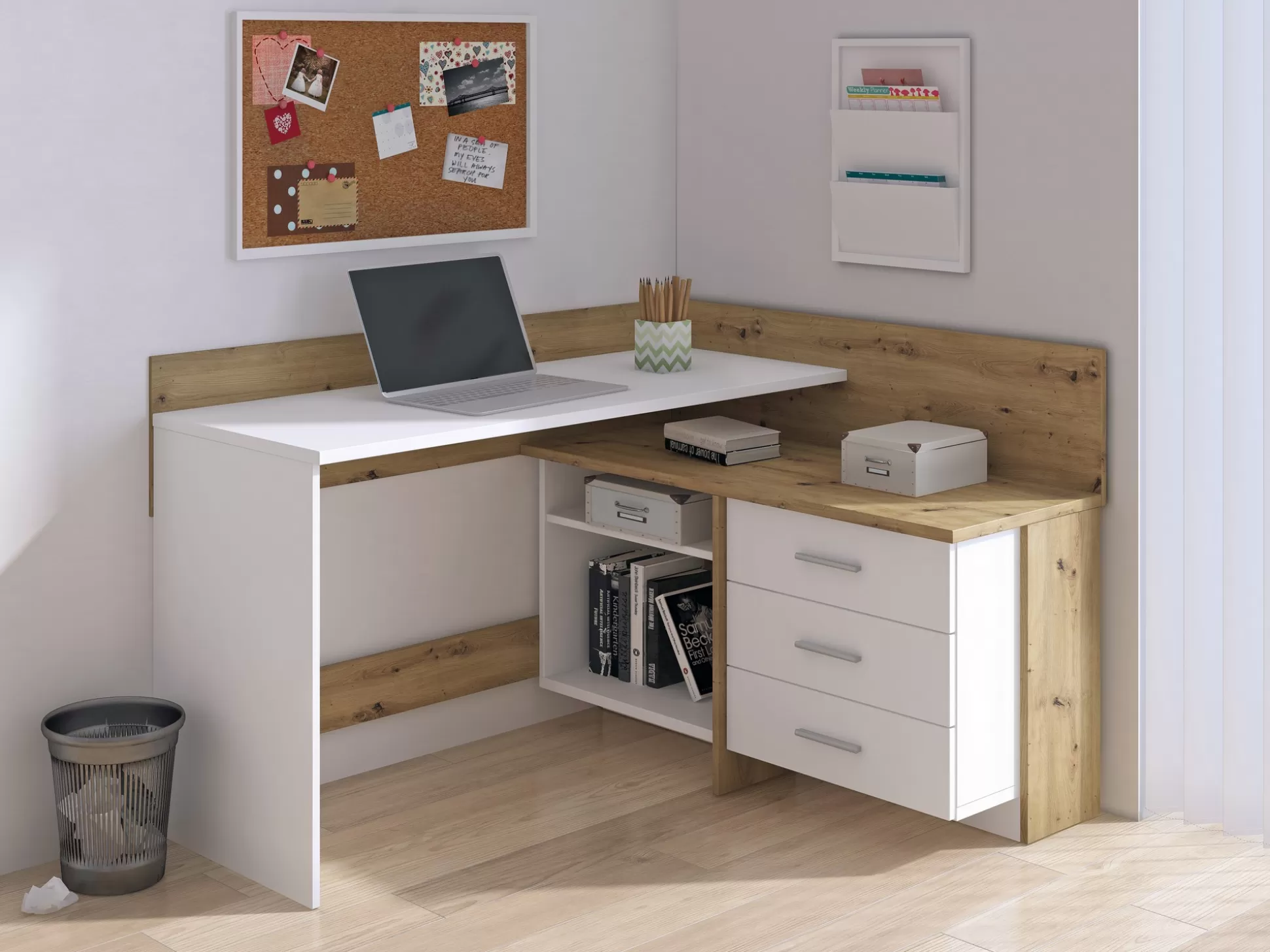 Dmora Scrivanie<Scrivania Elsa, 130x112h82 cm, Bianco e Rovere Nodi