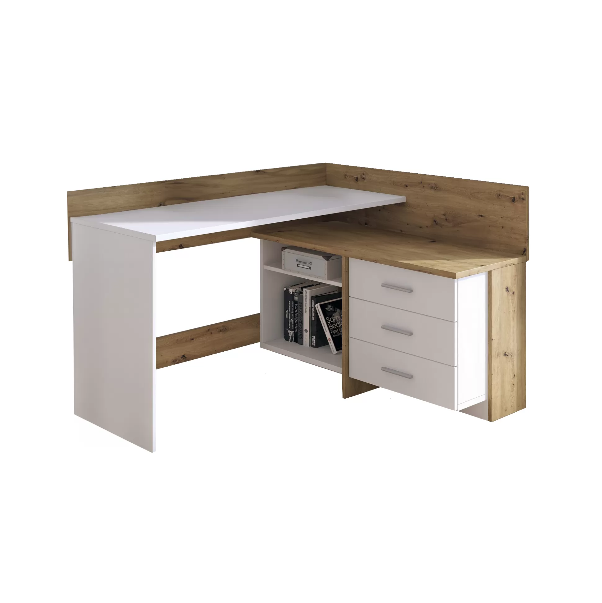 Dmora Scrivanie<Scrivania Elsa, 130x112h82 cm, Bianco e Rovere Nodi
