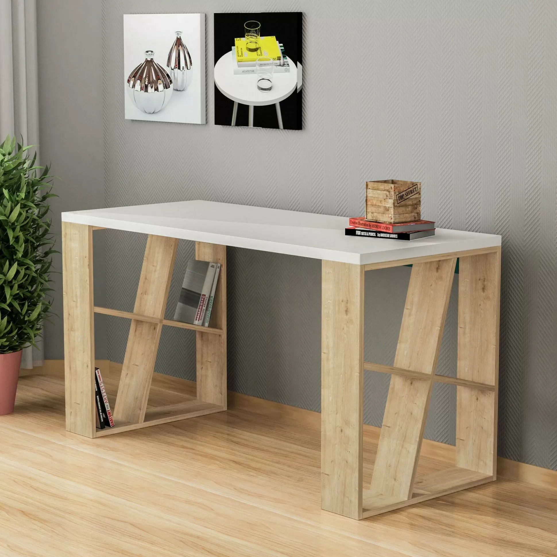 Dmora Scrivanie<Scrivania Ernestina, 140x60h75 cm, Bianco e Rovere